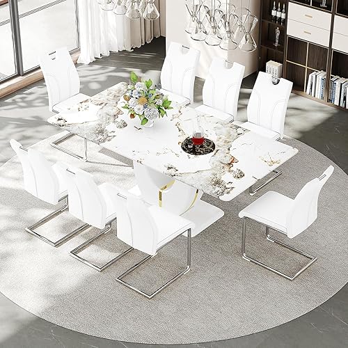 Miniatura 11 de Juego de mesa de comedor de lujo de 71 pulgadas para 6, moderno juego de mesa de comedor de mármol sintético con parte superior de vidrio templado,