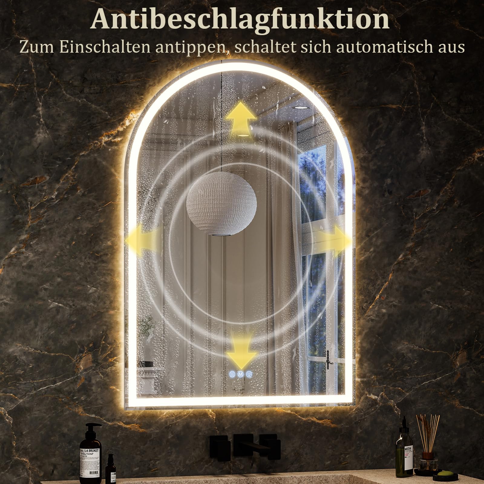 Koonmi Espejo de baño LED 100 x 75 cm, regulable, antivaho | Espejo de luz curvado con 3 colores de luz, función de memoria y cristal templado para baño y área de maquillaje
