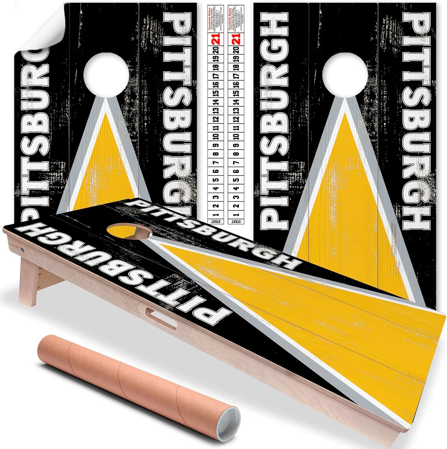Pittsburgh Cornhole Board Wraps and Decals for Boards Set of 2 Skins Professional Vinyl Covers Sticker - Football Tailgating Cornhole Wraps Stickers Cornhole Skins Cornhole Wraps for Boards