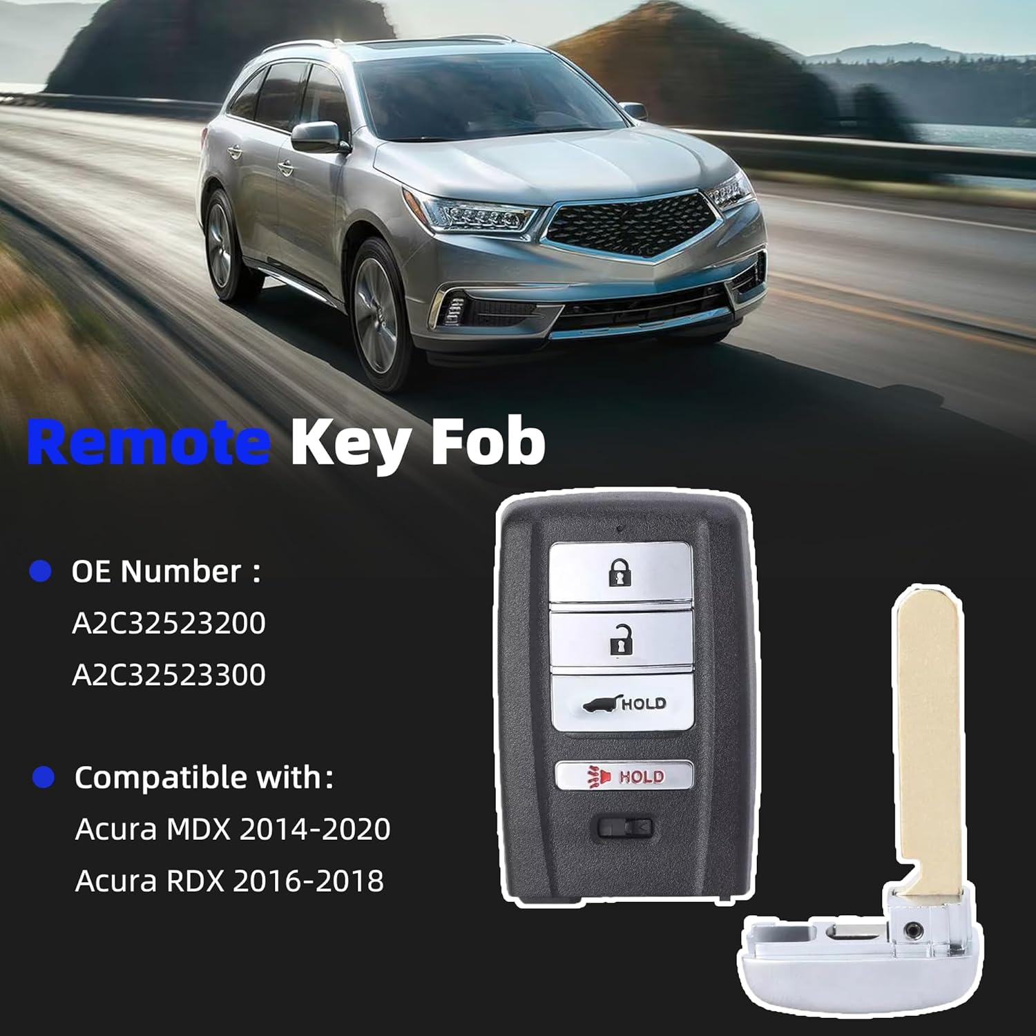 4-Button Key Fob Remote Replacement for Acura MDX 2014-2020 & RDX 2016-2018, OEM Part A2C32523200, Plastic, Compatible with SUVs, FCC ID: KR5V1X, 314MHz