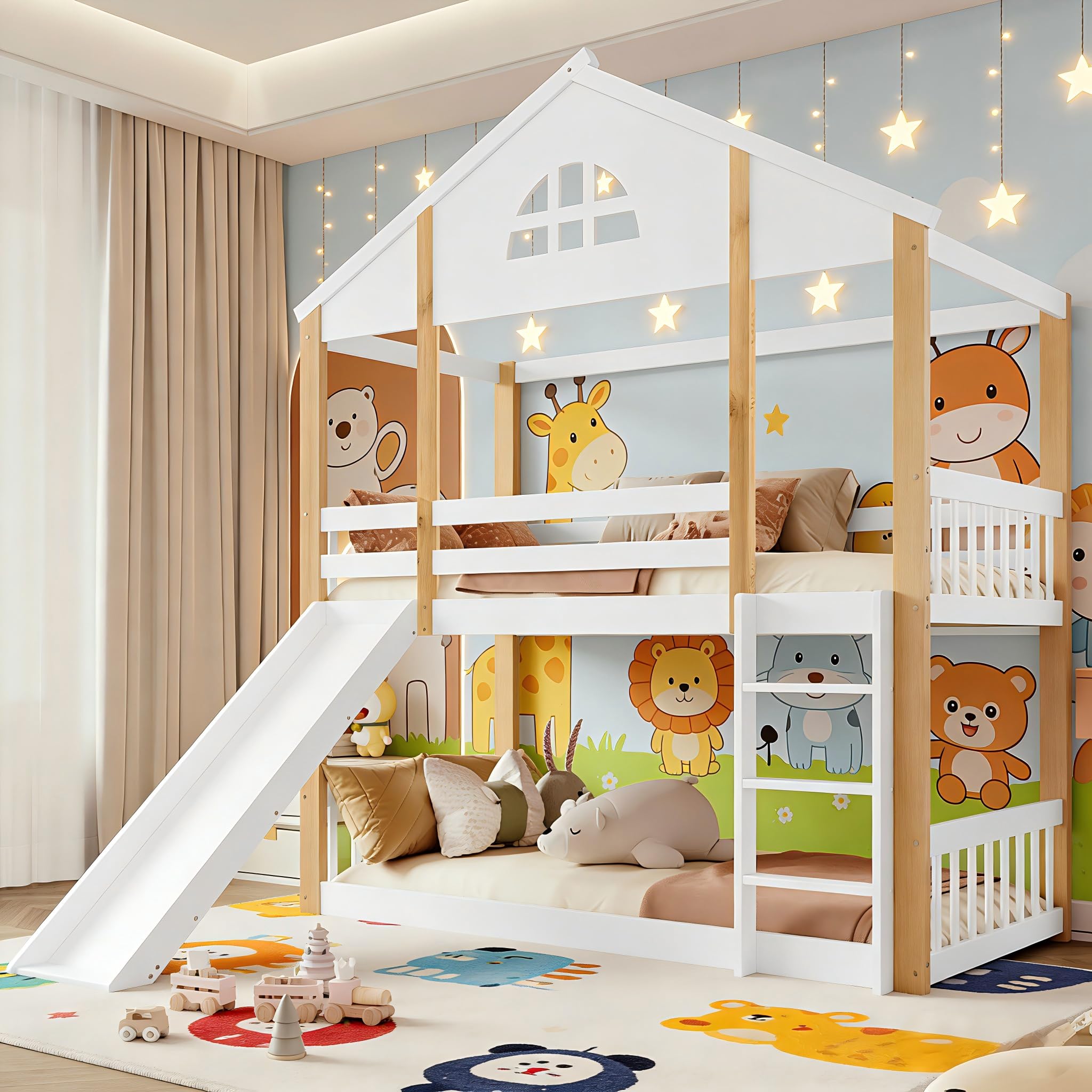 Soweiz Litera Infantil con Tobogán y Escalera, Cama Alta Casa de Madera, 90x200 cm