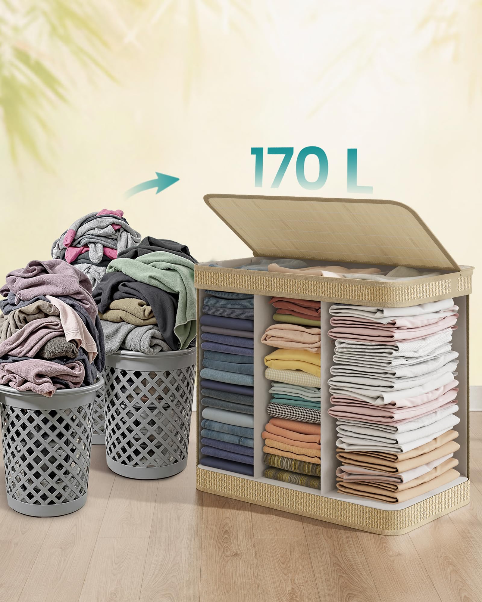 SONGMICS Wasmand met 3 compartimenten, bamboe wasmand, 170 liter, afneembare en machinewasbare waszak, met deksel, handgrepen, voor wasruimte, slaapkamer, woonkamer, natuurlijke kleur LCB069Y01