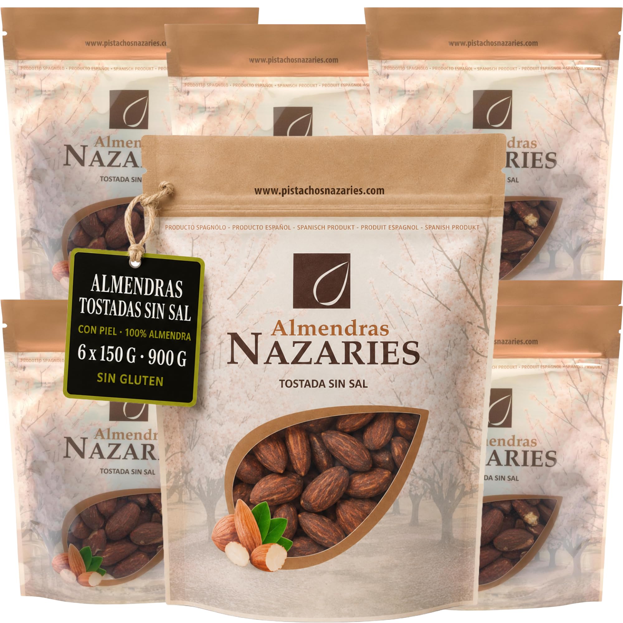 ALMENDRAS NAZARIES Almendras Tostadas sin Sal con Piel Naturales 6 x 150 g Españolas variedad Belona 900 g Cultivo Propio en Andalucia 100% Almendra Fruto Seco Sin Gluten Snack Saludable Para Picar