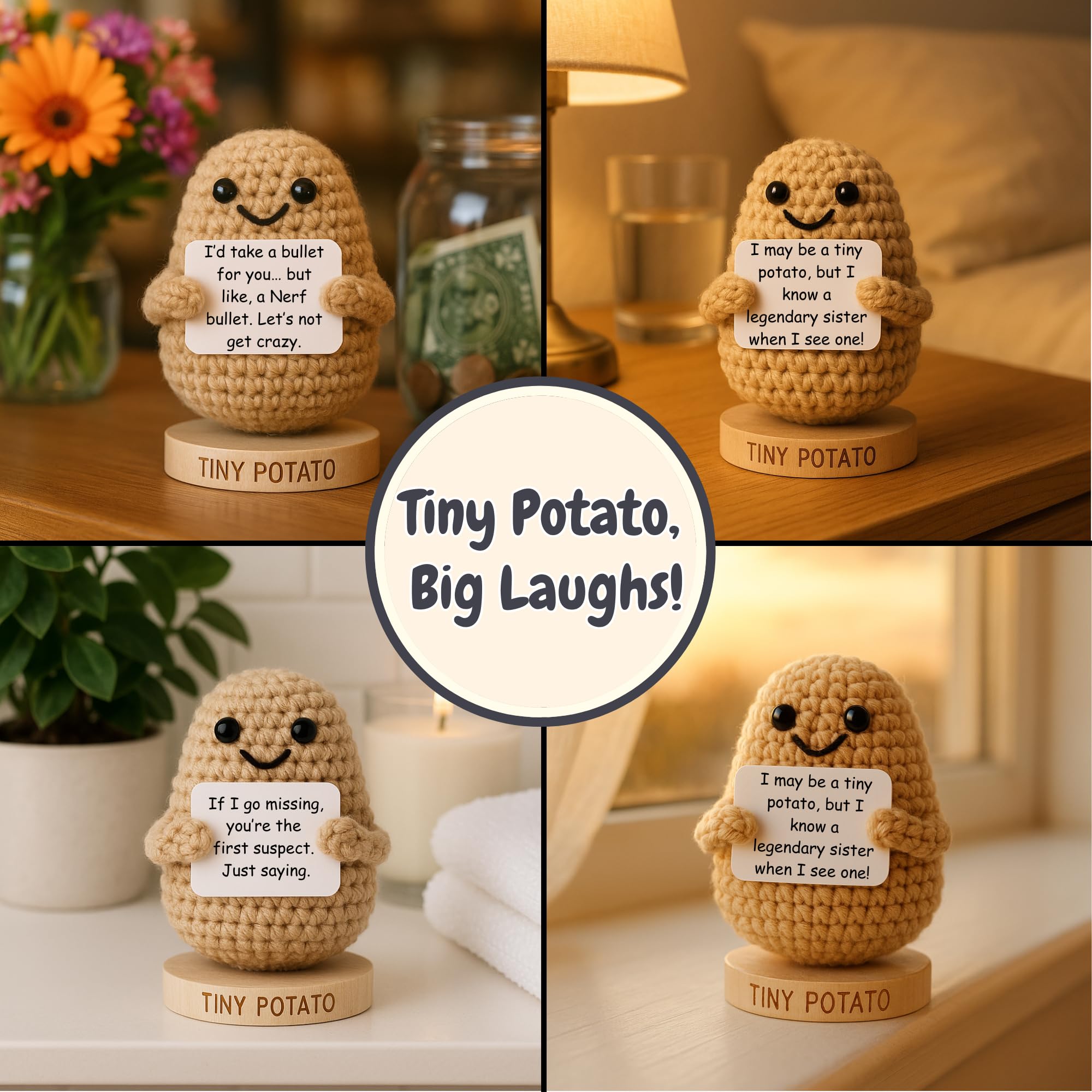 Funny Sister Gifts for Birthday, Graduation, Emotional Support - Sassy Crochet Potato W/ 30 Signs | Big Sisters Presents for Women, Unique Sister Gift from Brother, Little Sisters, Big Sis, Sis In-law
