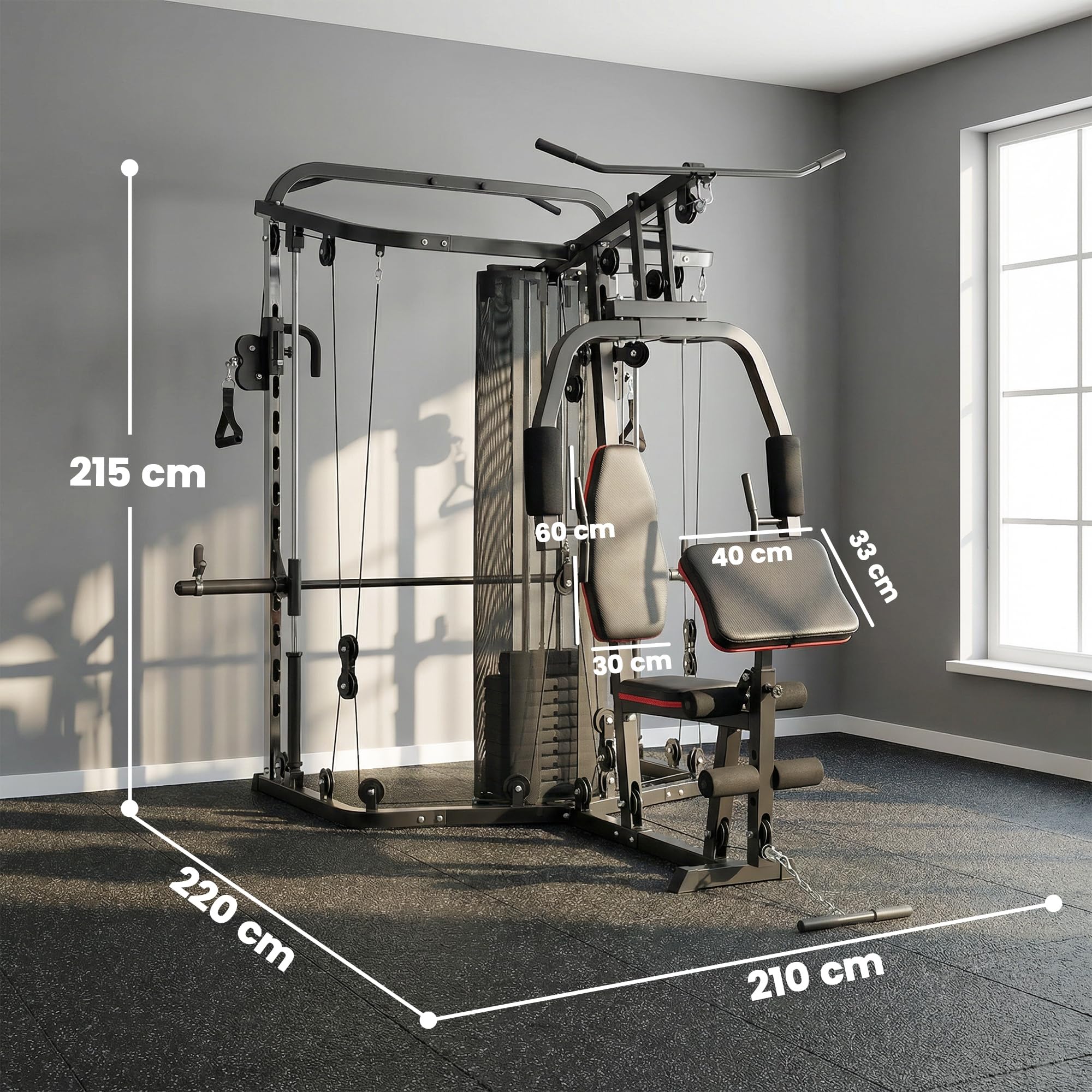 SPORTNOW Station de musculation avec poids de 65 kg, barre de traction à latte, barre papillon, banc de préacher, banc de musculation des jambes, appareil multifonction Smith Machine Multistation