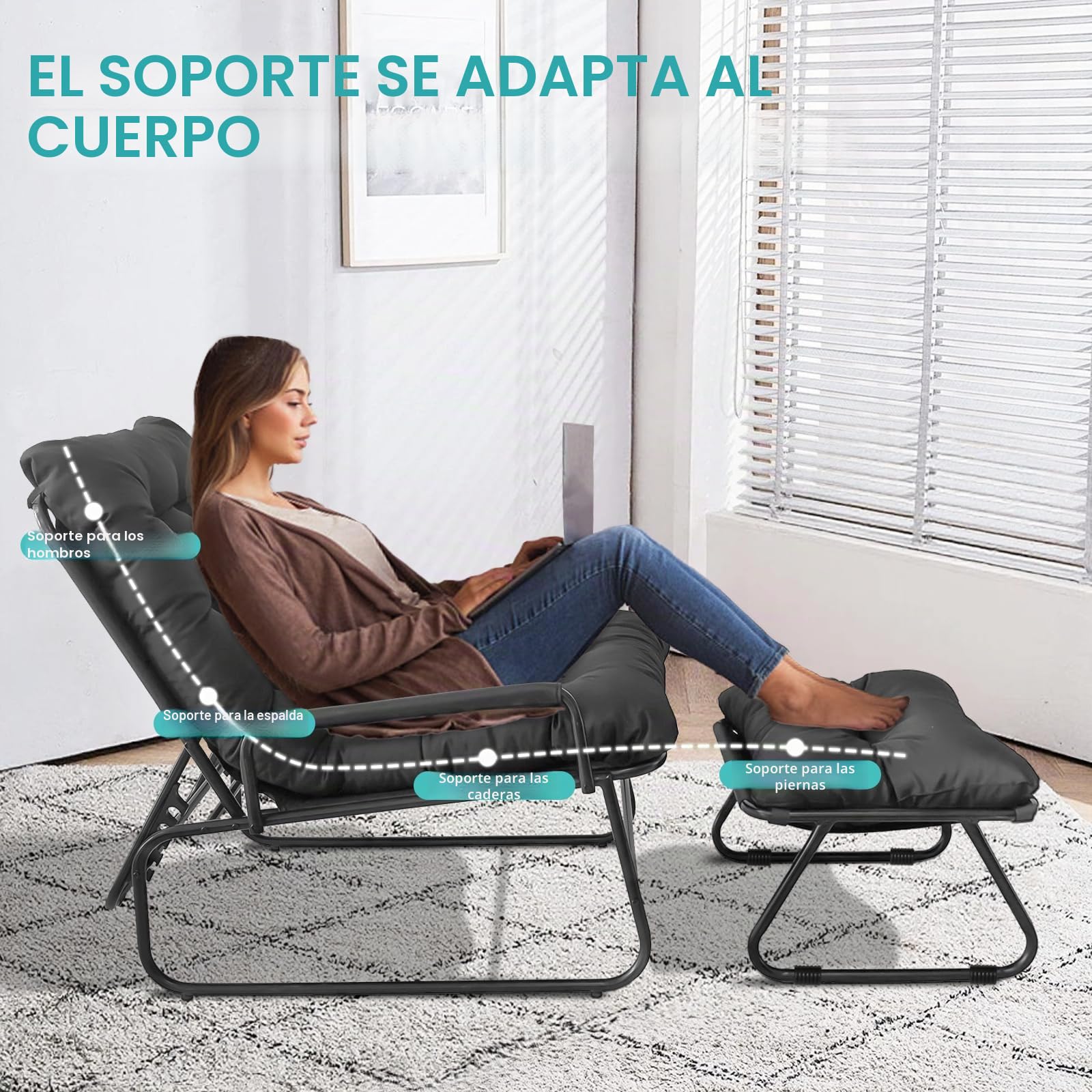 Tumbonas Jardin Exterior, Sillon Jardin Exterior, Tumbona con Taburete, Cojín Extraíble, 4 Posiciones Respaldo Ajustable, Sillones para Jardín, Terraza, Balcón (Beige)