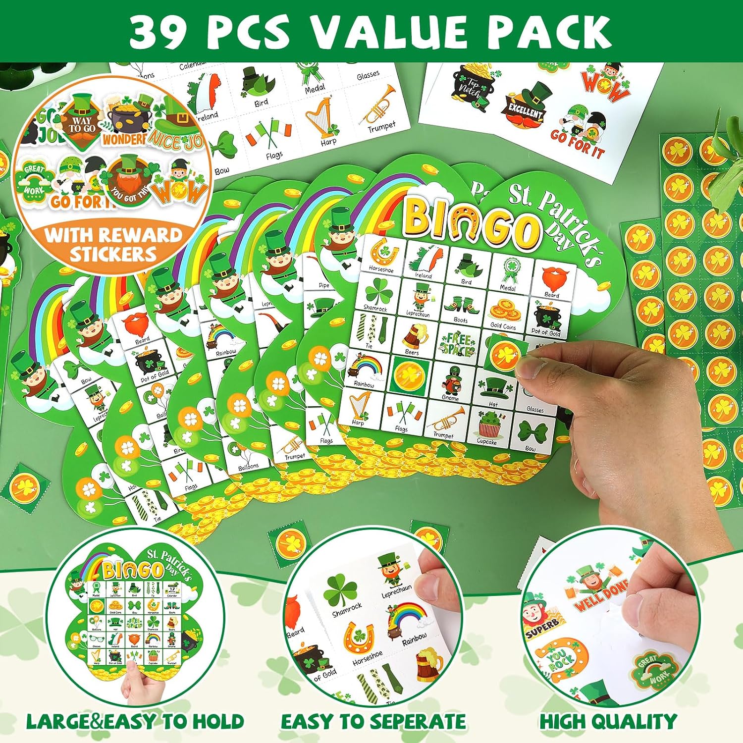 39Pcs St. Patrick’s Day Bingo Game for Adults Kids 24 Players Shamrock Shape Bingo Game Cards with Reward Stickers for Family Friend Large Group Activities St. Patrick’s Day Spring Party Favor image 4