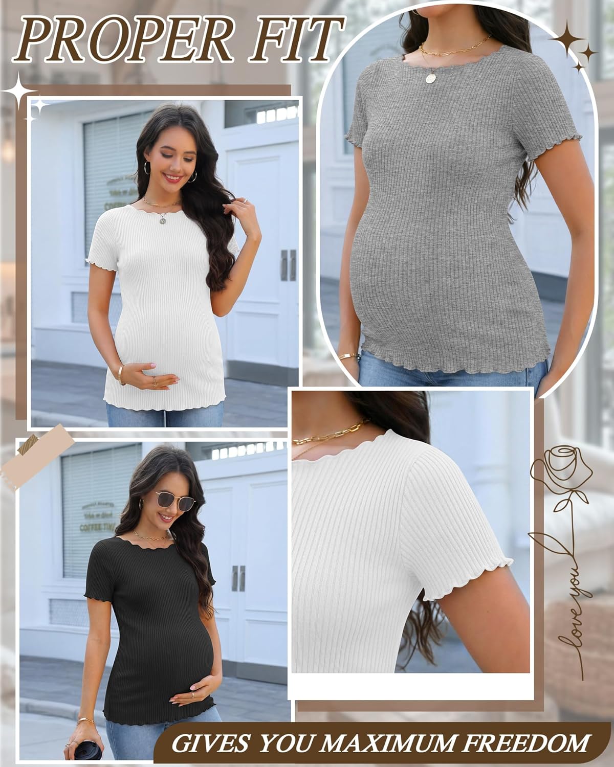 3 Pack Women's Maternity Ribbed Shirts Cotton Short Sleeve Pregnancy Tops Boat Neck Lettuce Trim Mama Clothes(Black, White, Light Heather Gray,Large)