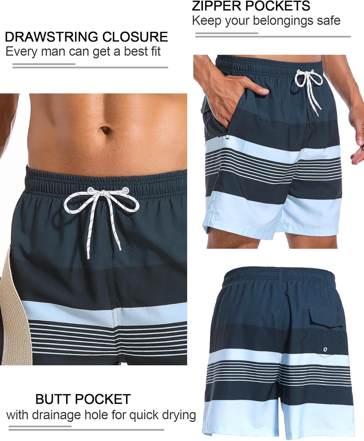 SILKWORLD Mens Swim Trunks with Compression Liner 2 in 1 Quick Dry Bathing Suit Beach Shorts with Zipper Pockets