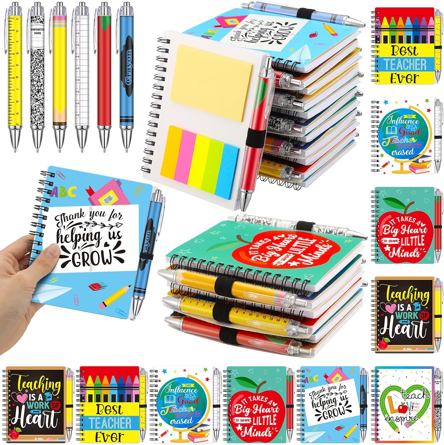 Gersoniel 24 Pcs/12 Set Teacher Appreciation Gifts Bulk Thank You Teacher Gift Spiral Notebook with Sticky Note and Ballpoint Pen Best Teaching Present for Teacher's Day School Classroom Office Supply
