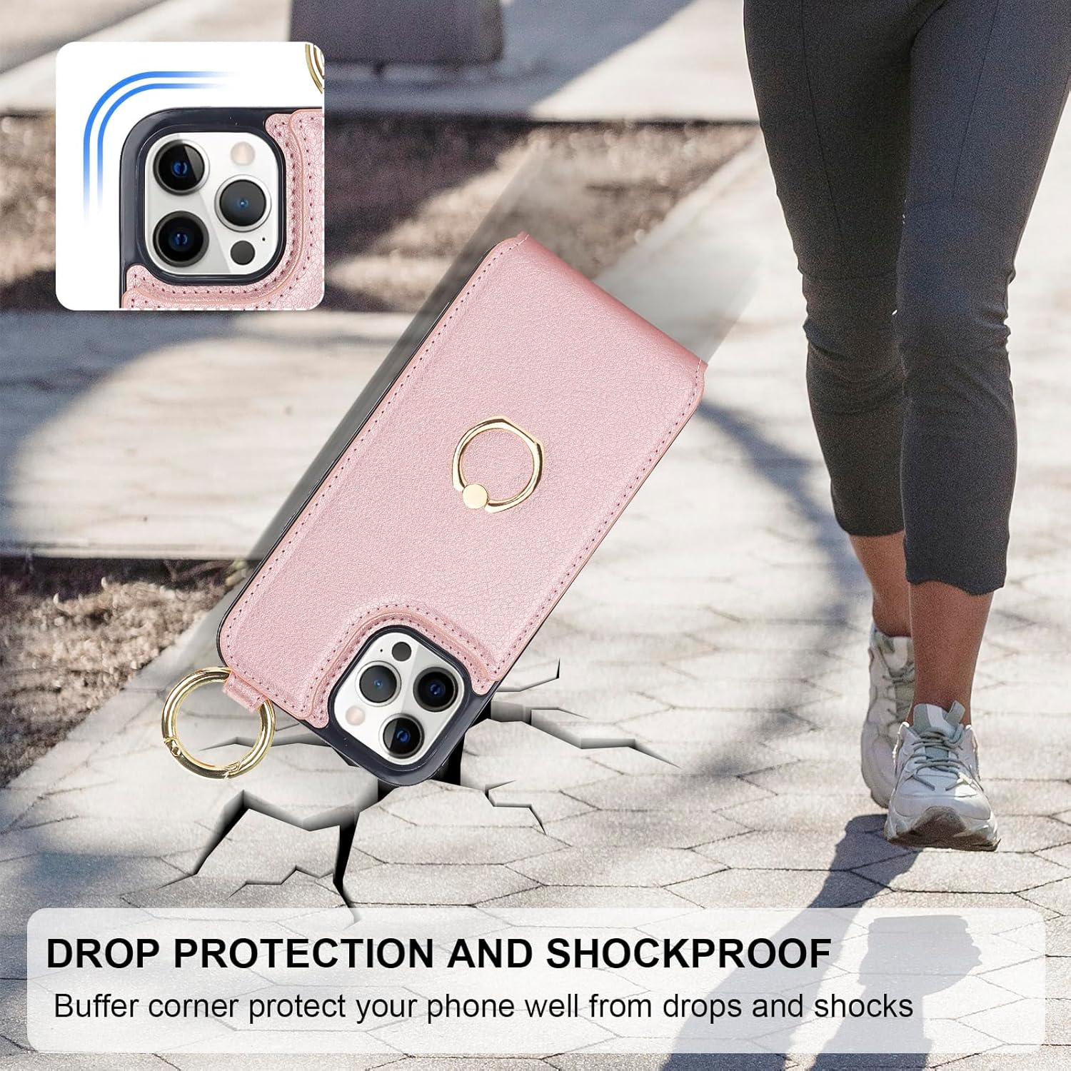 Folosu for iPhone 12 Pro Max Wallet Case with Card Holder, 360°Rotation Ring Holder Kickstand, RFID Blocking PU Leather Finger Grip Key Ring, Protective Double Buttons Shockproof Cover 6.7" Rose Gold