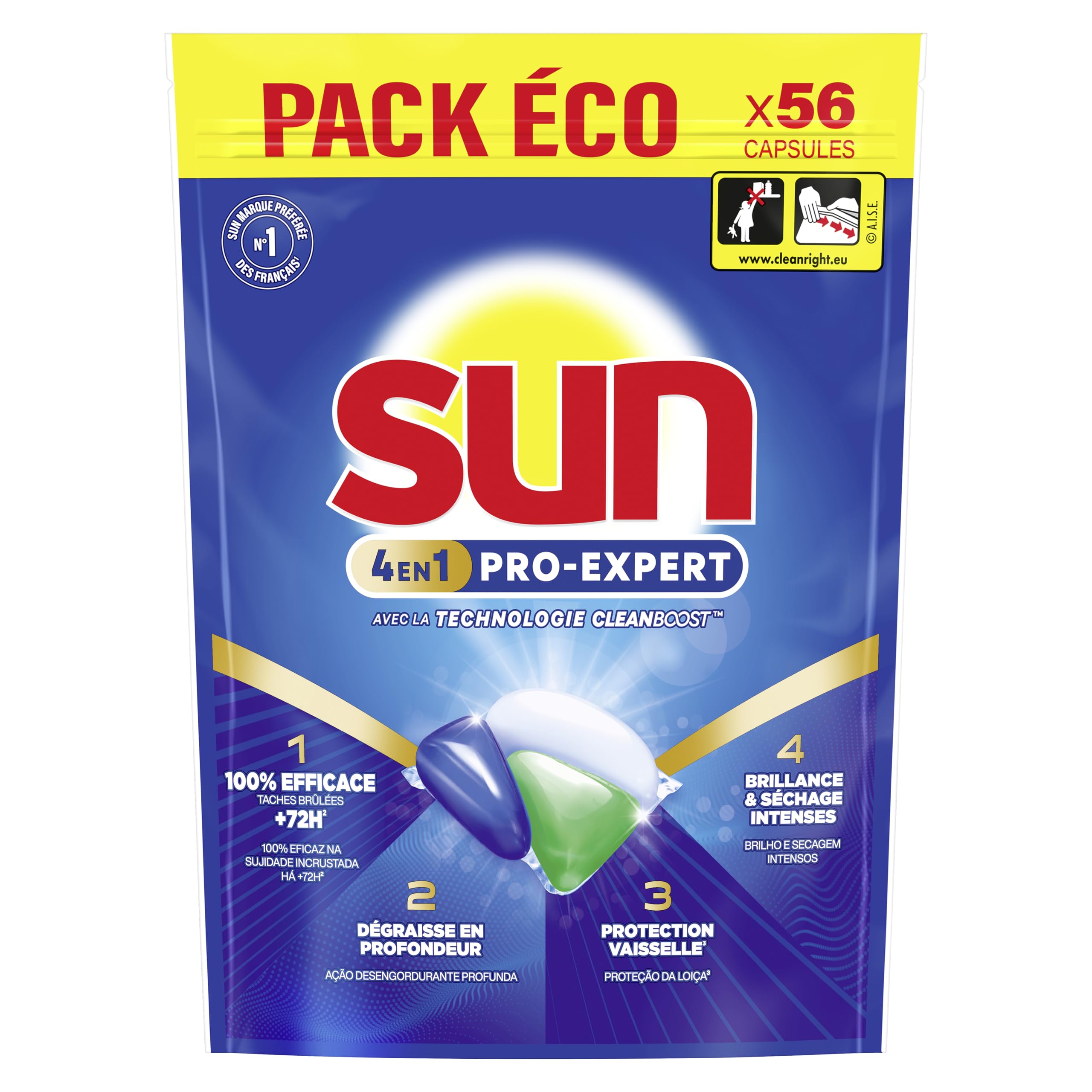 Sun - Pro Expert - Pastilles Lave Vaisselle - Action 4 en 1 - Regular - Elimine 100% des taches brûlées de +72h - dégraissent en