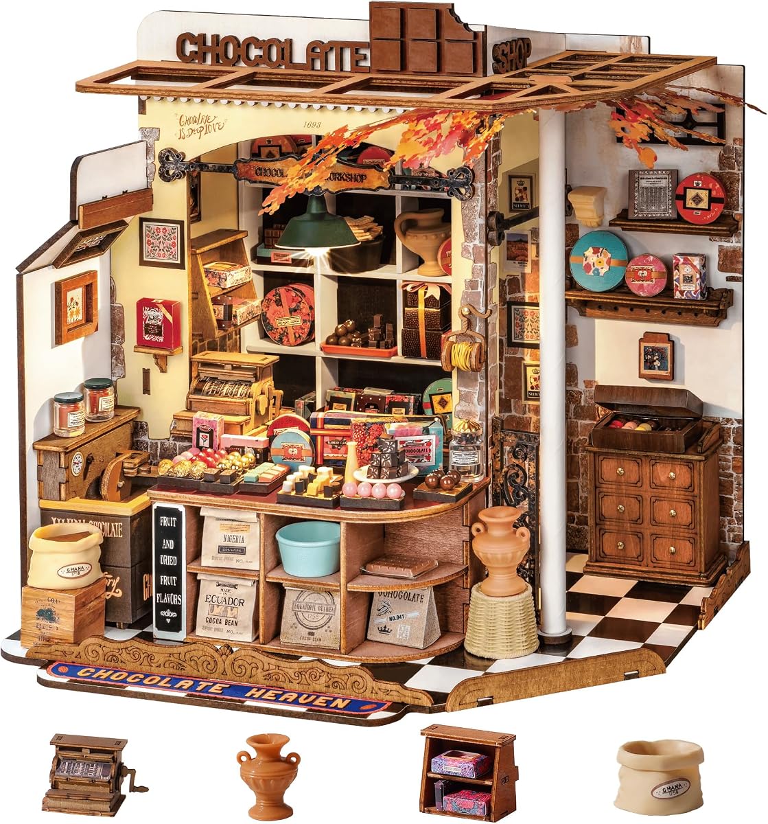 Rolife Henry's Chocolate Shop Kit de casa de muñecas en miniatura DIY, regalo para adultos | Casa pequeña a escala 1:18 con luz LED, kit de modelo de rompecabezas 3D de madera, juego de manualidades Diorama para exhibición de decoración del hogar
