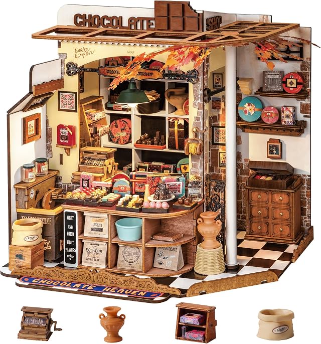 Rolife Maison Miniature La chocolaterie Henry's, 330 pièces Maquette 3D Puzzle Maison de Poupée en Bois 3D à Construire Book Nook pour Adultes et Adolescents Pas de Colle nécessaire