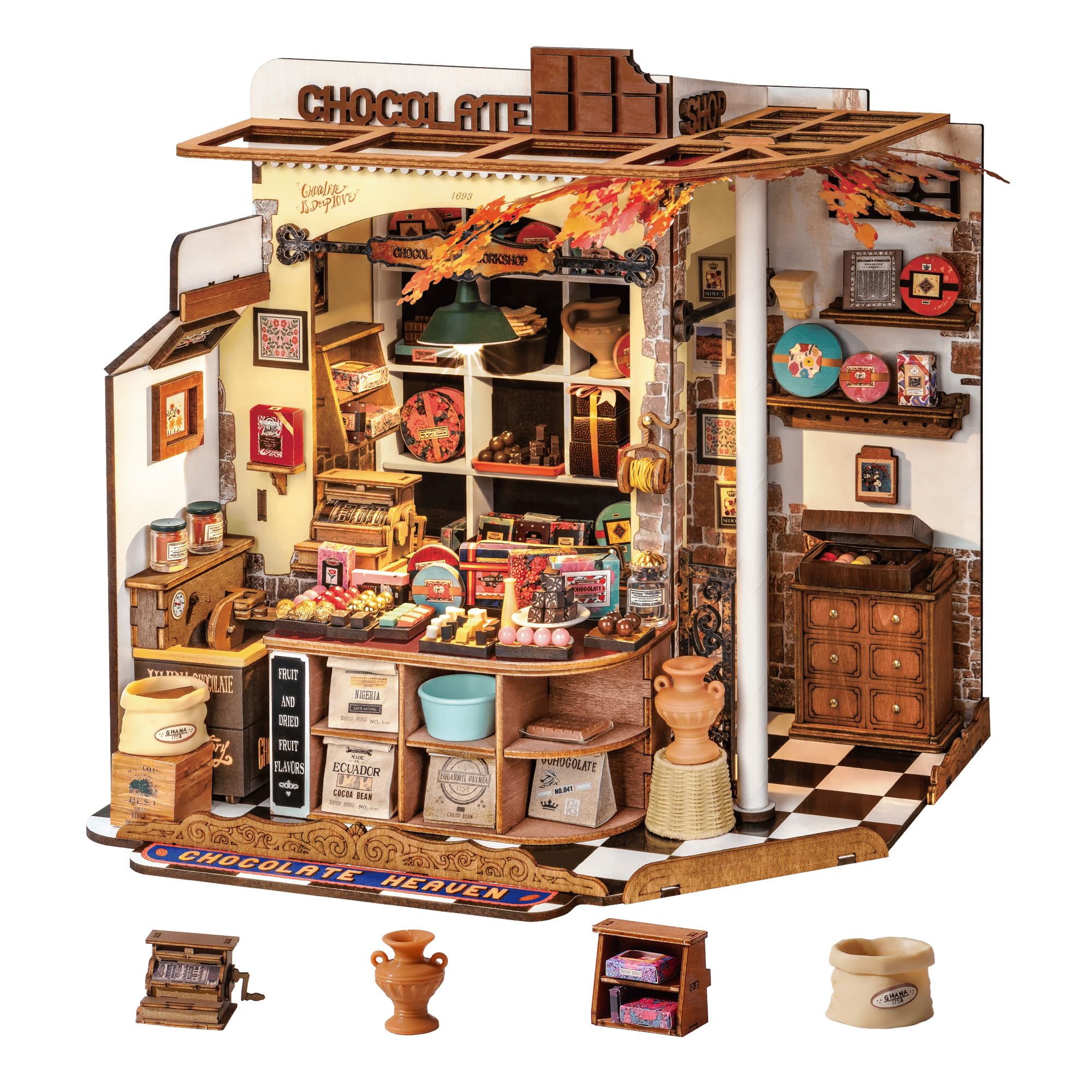 Rolife Miniature Casa Cioccolateria di Henry, 330 pezzi Kit Casa in Miniatura DIY, Modellismo da Costruire Adulti Casa delle Bambole in Legno Puzzle 3D per Adolescenti Nessun collante necessario