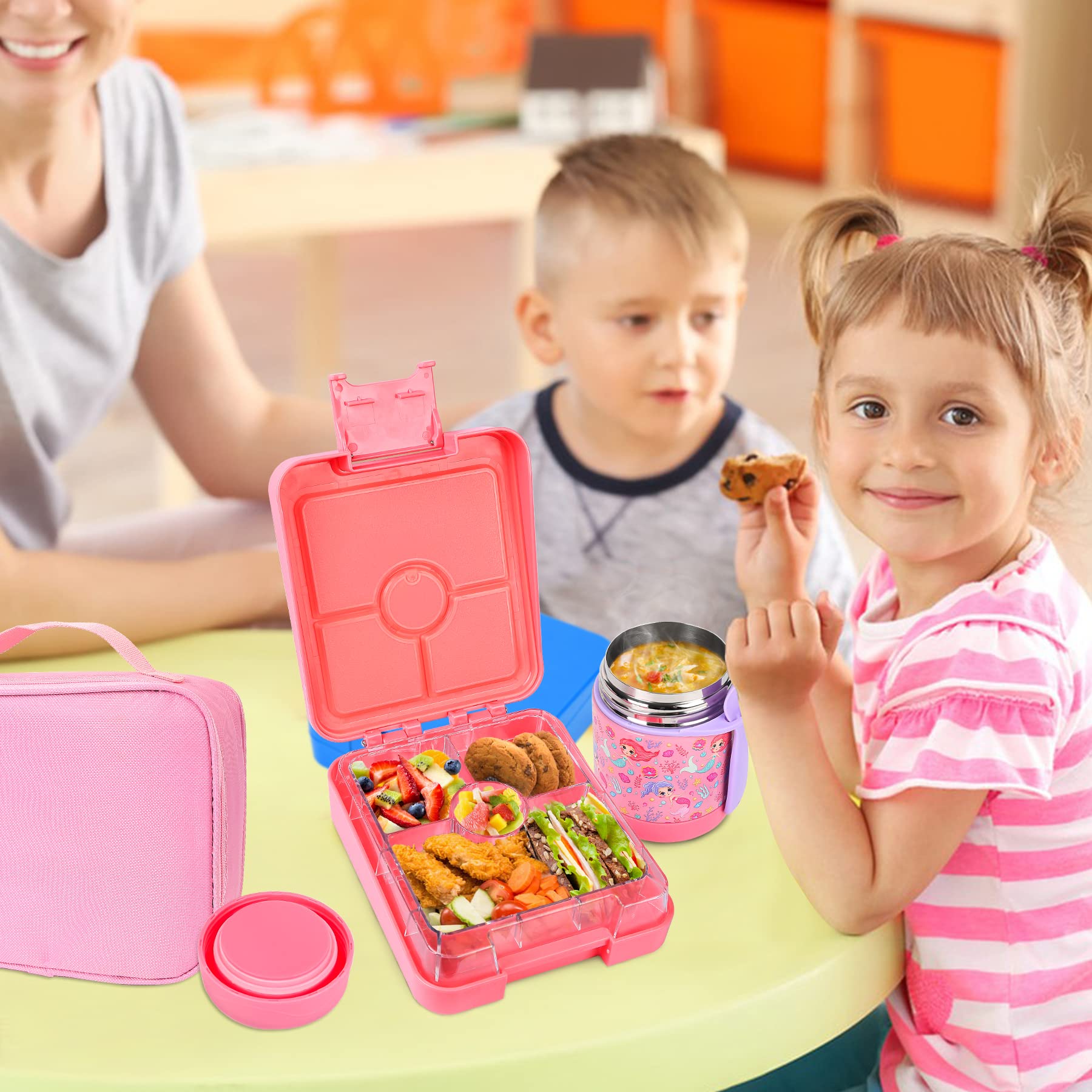 Bento zestaw pudełek na lunch z termosem do zupy 295 ml, szczelne pojemniki na lunch z 4 przegródkami, termoizolacyjna torba na żywność dla dzieci, pojemniki na żywność do szkoły (syrenka)