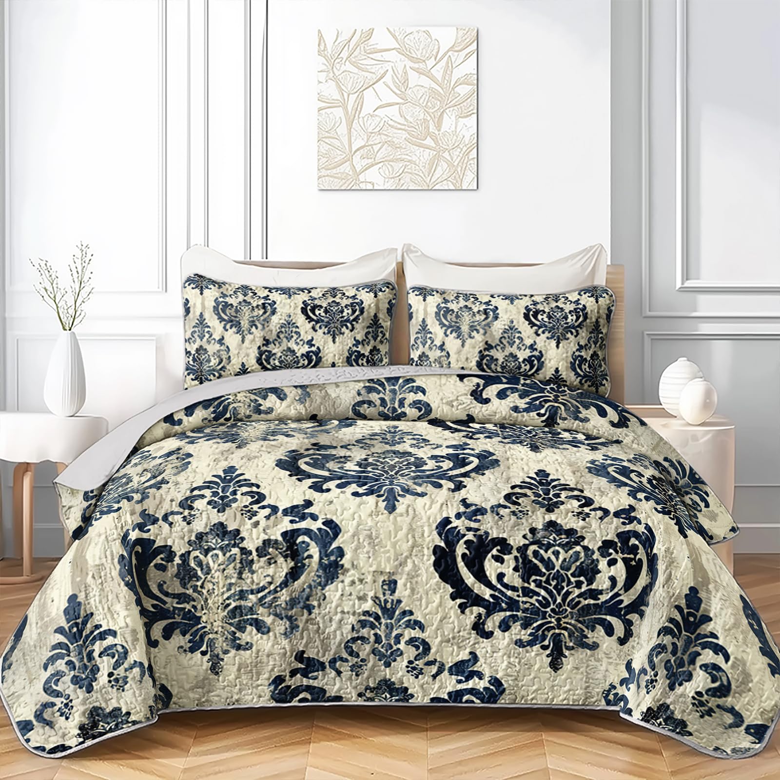 Axolotl Boho Baroque Quilt Bedding Set Full Size,Vintage Bedspread Coverlet for Adults Women,Elegant Floral Bed Cover for Men,3Pcs Classic European Exotic Comforter Set with 2 Pillowcases,Beige