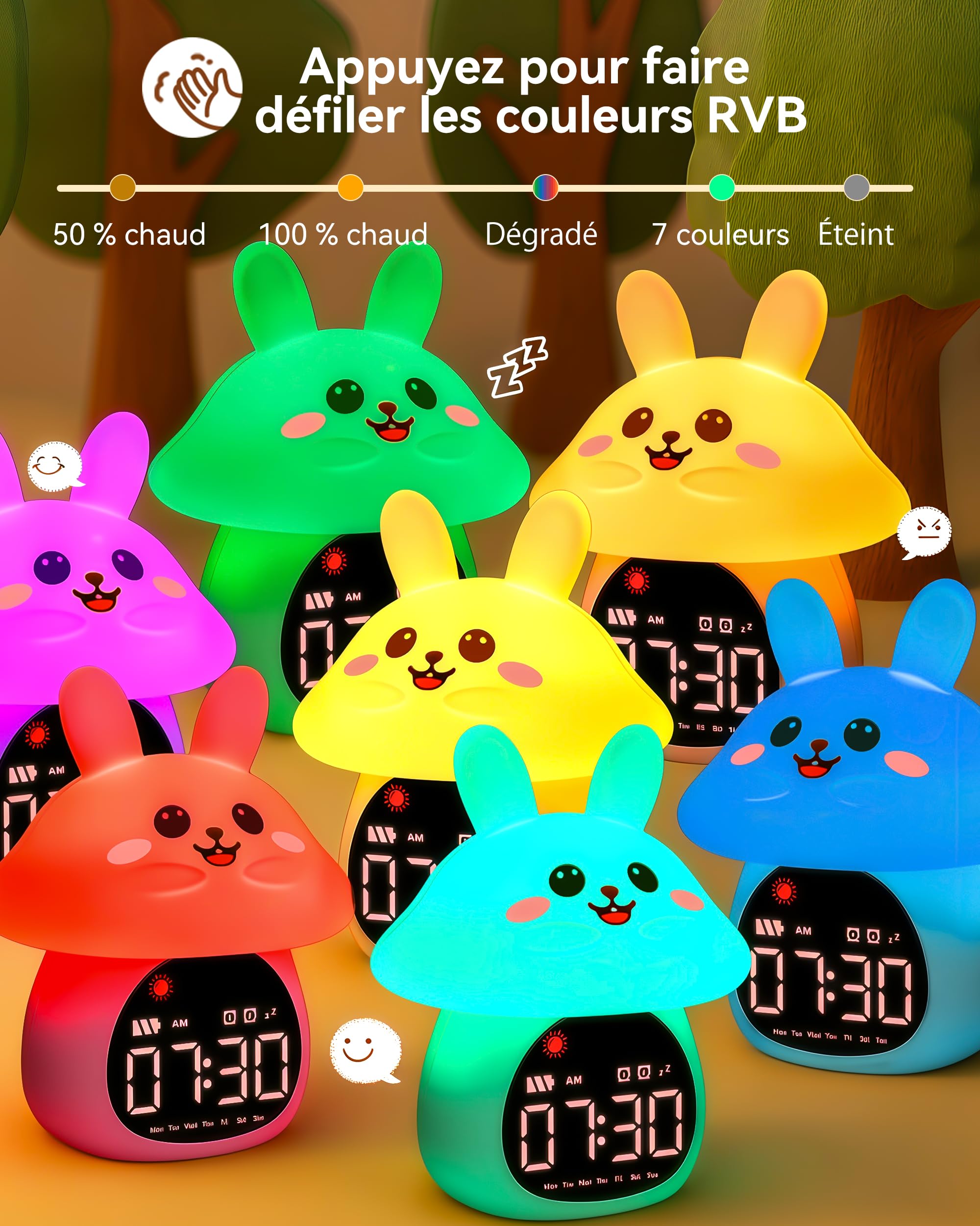 Yiliaw Réveil Enfant Éducatif Jour/Nuit Lumineux en Silicone avec Veilleuse – Horloge avec Lumière Apaisante, Idéale pour Garçons et Filles, Parfait pour Chambre d’Enfant, Lapin Champignon