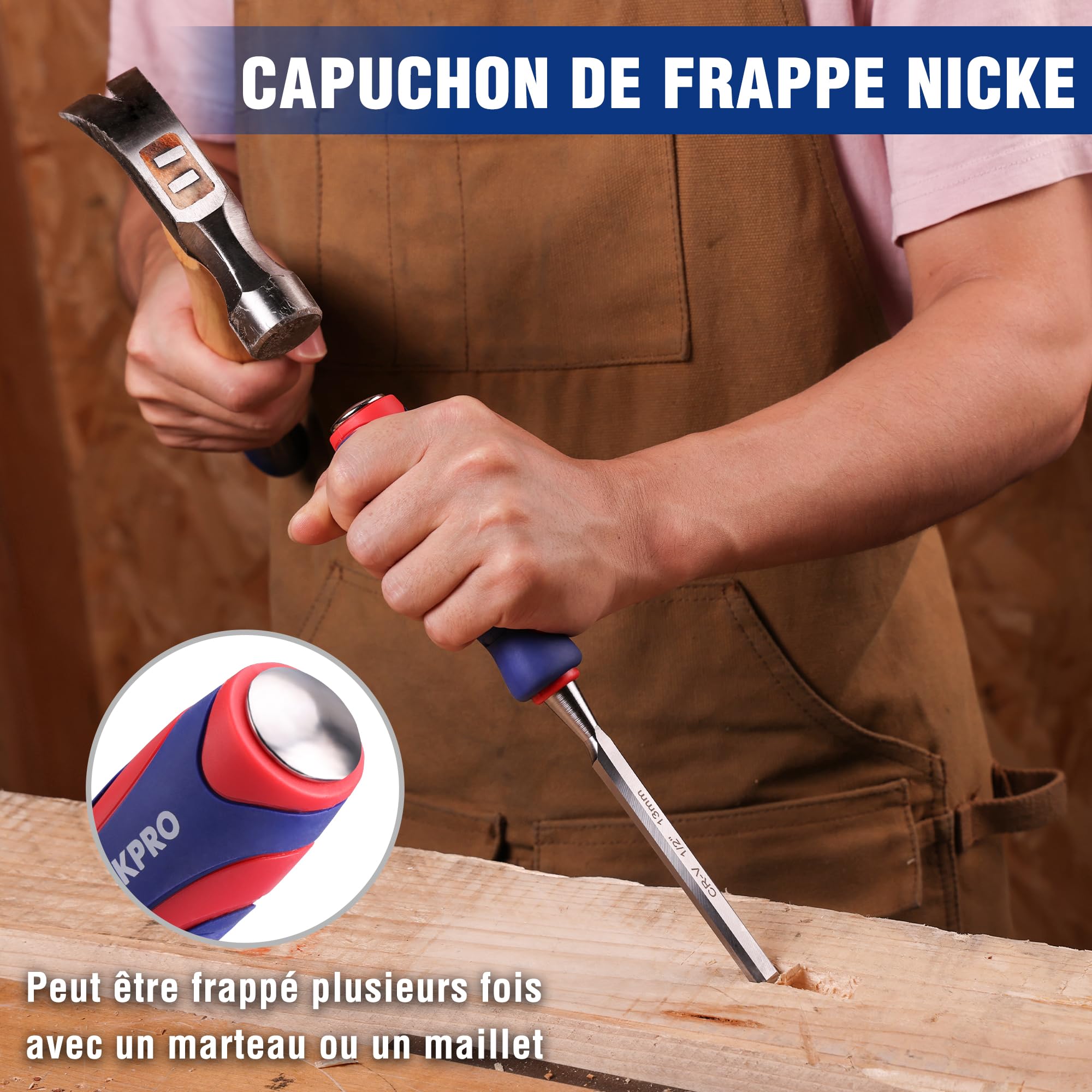 WORKPRO Jeu de 10 Ciseaux à Bois 6/13/19/25/32/38 mm avec Guide d’Affûtage, Pierre à Aiguiser et 2 Crayons, Coffret Ciseaux à Bois avec Manche Ergonomique pour Menuiserie, Sculpture, Travail du Bois