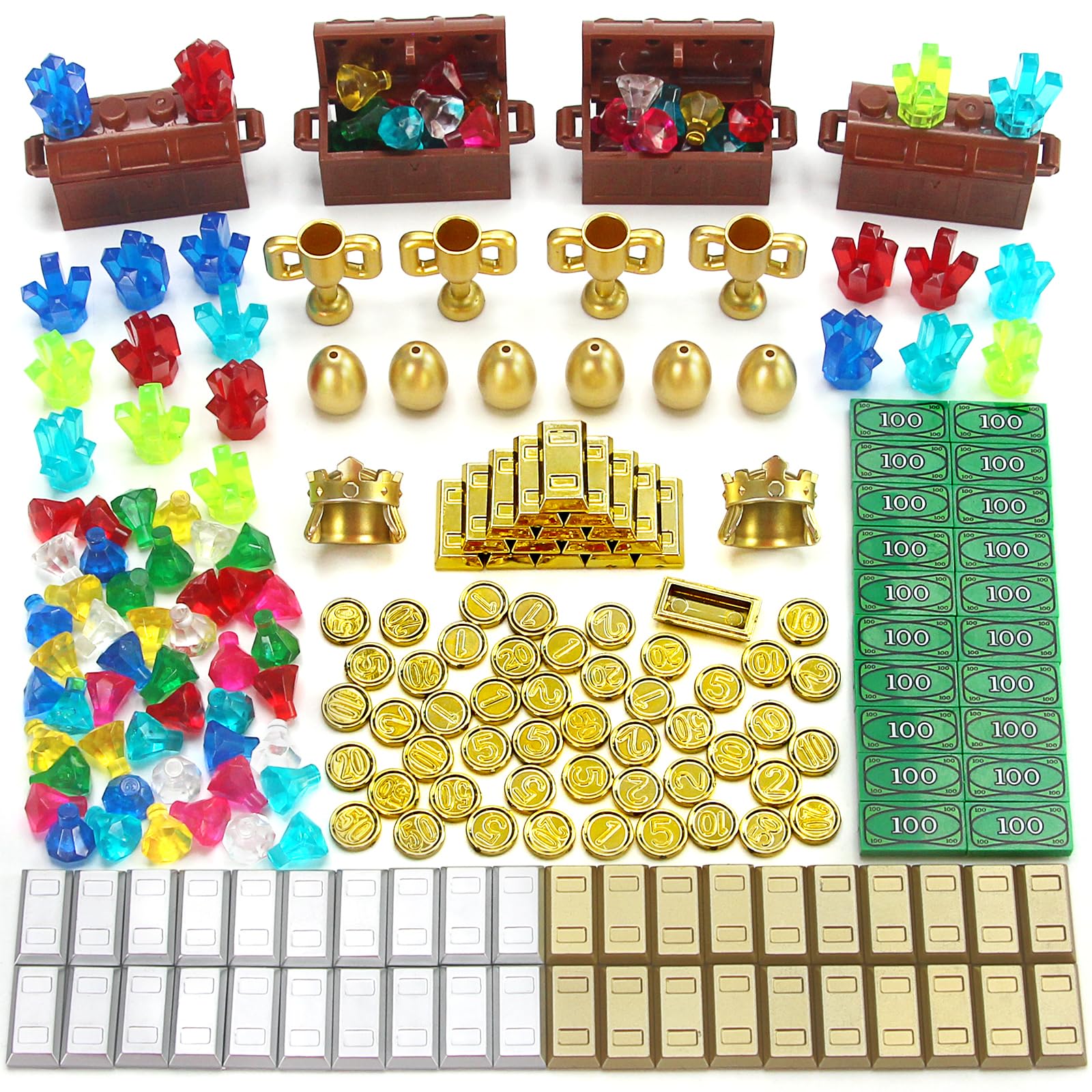 Treasures Chest Gems Building Block Accessories Play Money 230 Pieces | Gold Eggs, Coins, Bars, Trophies, Crown, Jewels, Diamonds, Crystals, Kingdom, Castle, Pirate Adventures, Toy for Kids 4+