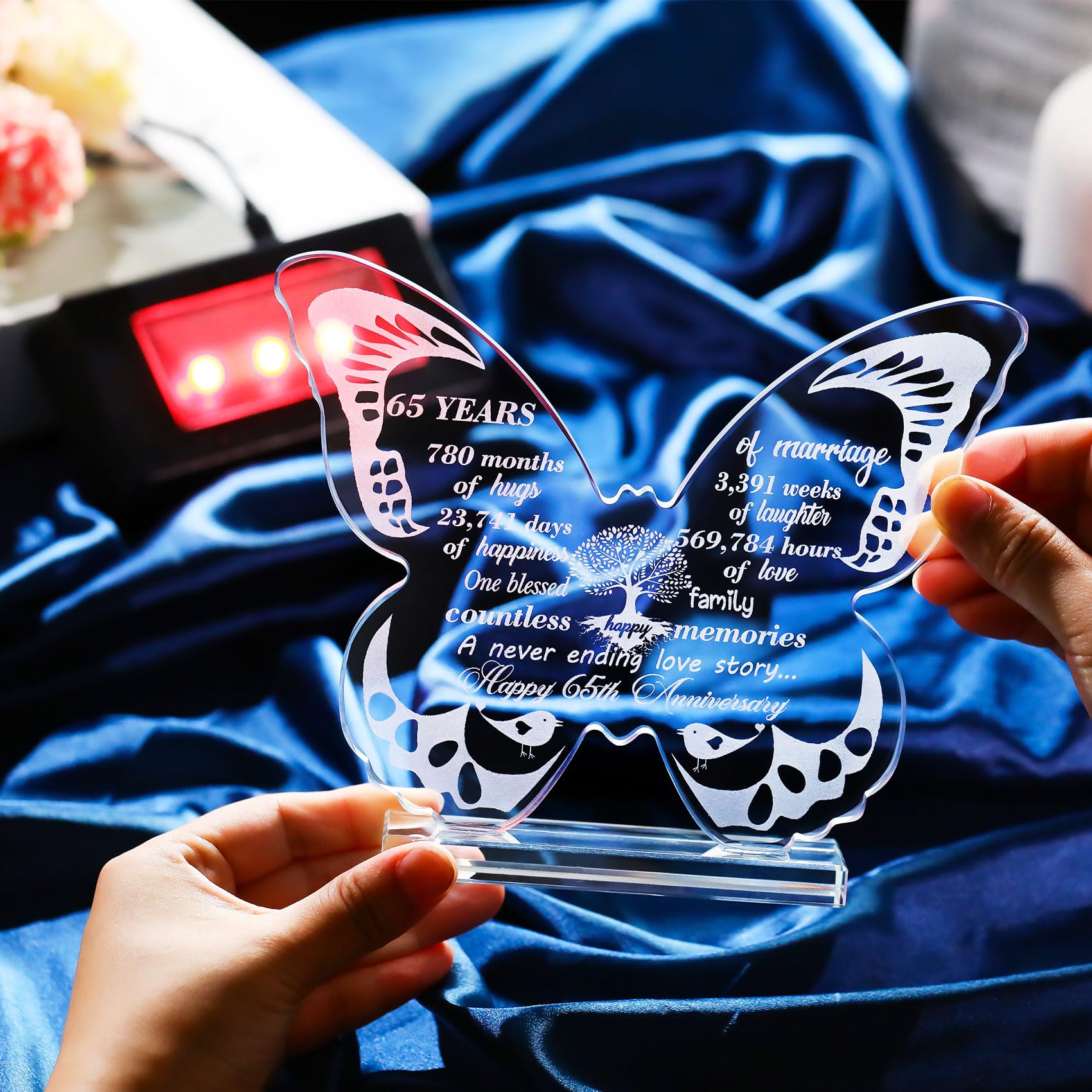 Ornalrist 65th Wedding Anniversary Romantic Gifts for Couples Wife 13.6cm Glass Butterfly-shaped 65 Years of Marriage Keepsake with LED Base Ideas Presents for Parents Friends - Image 3