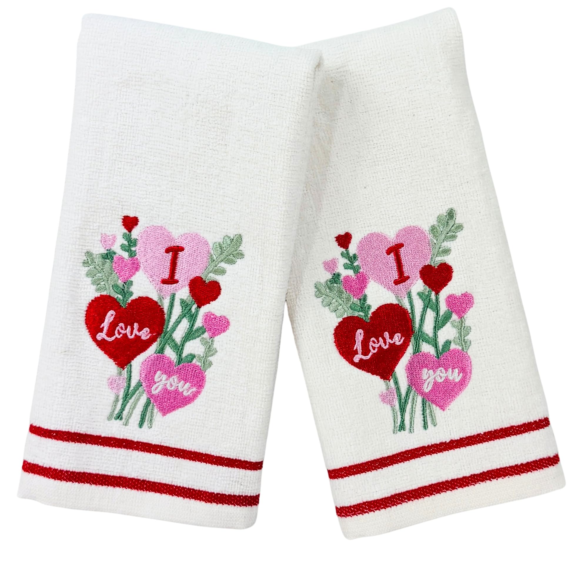 Serafina Home Valentine Embroidered Hand Bath Fingertip Heart Towel Set: Floral I Love You Hearts Bouquet Towels in Pink, Red Green, 2 Pc Set, 12 x 18