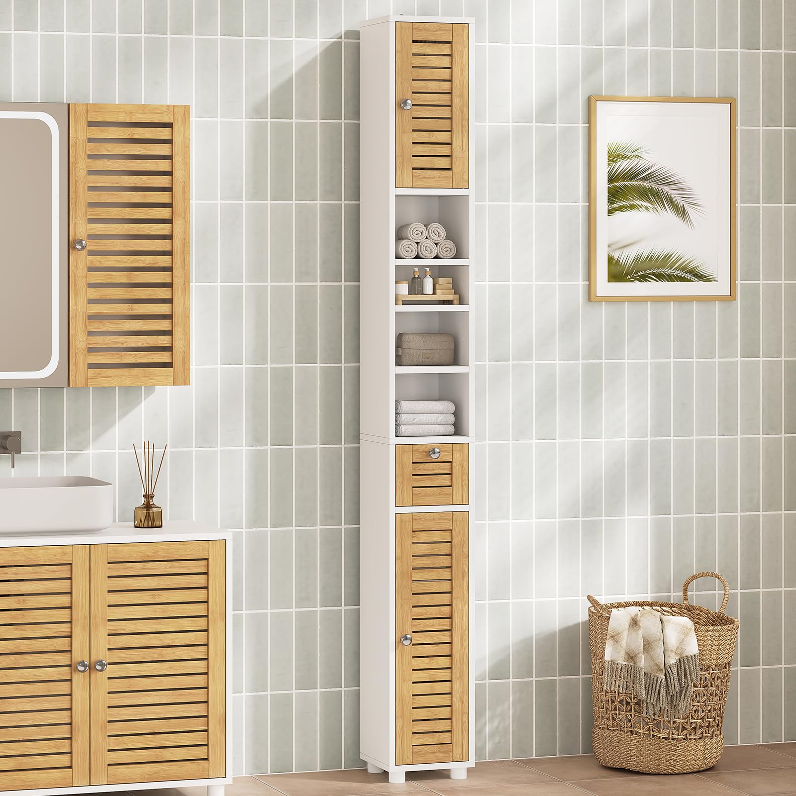 Meuble Colonne Salle de Bain, Meuble de Rangement avec 4 étagères ouvertes, 2 Portes en Bambou,1 Tiroir,Meuble Haut avec Étagères Réglables,Armoire de Toilette pour Salon, Cuisine,22x20x180cm