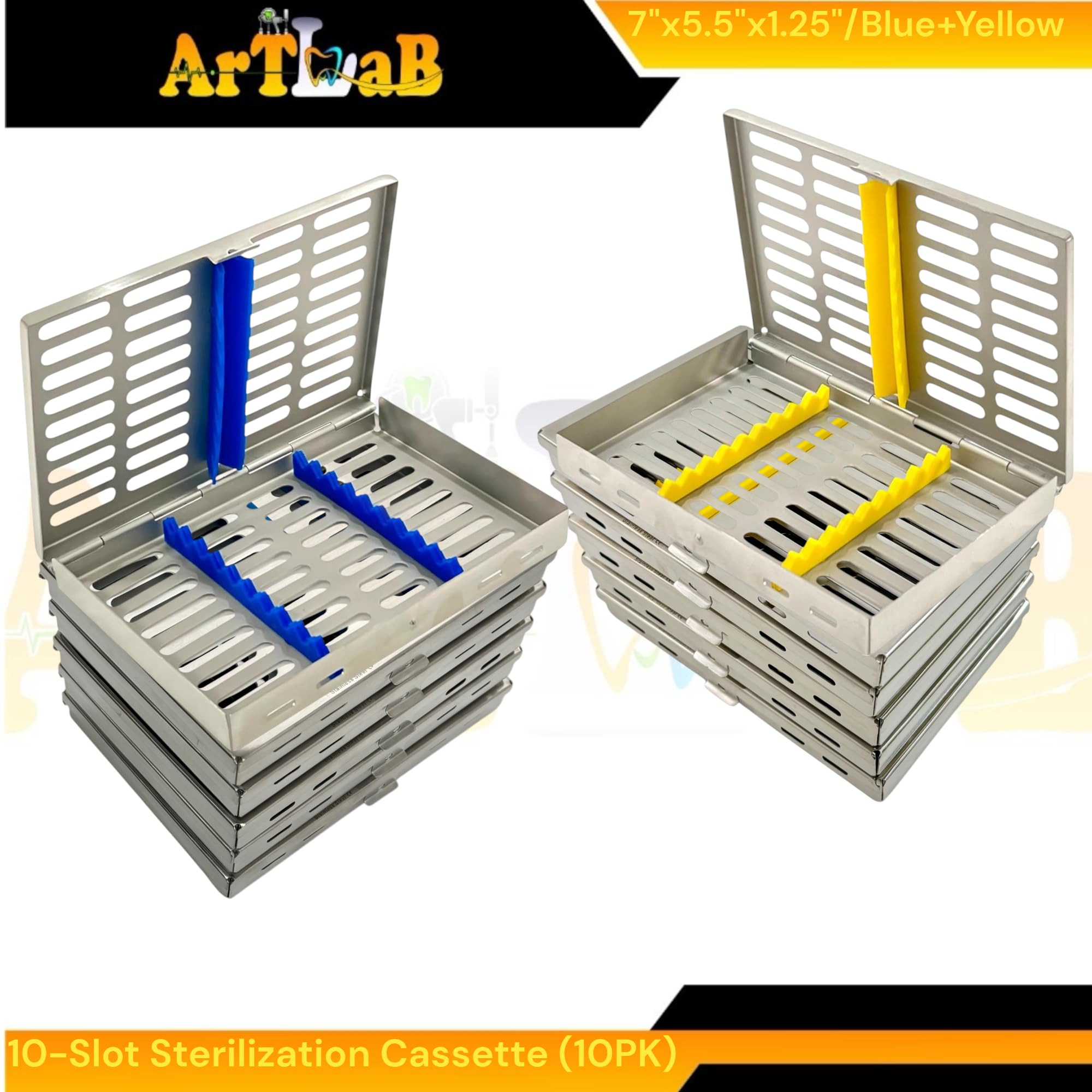 7in x 5.5in x 1.25in Sterilization Cassette Boxes, Fits 10 Instruments Each, Dental & Veterinary Instrument Sterilization - Heavy Duty, German Steel (Blue + Yellow)