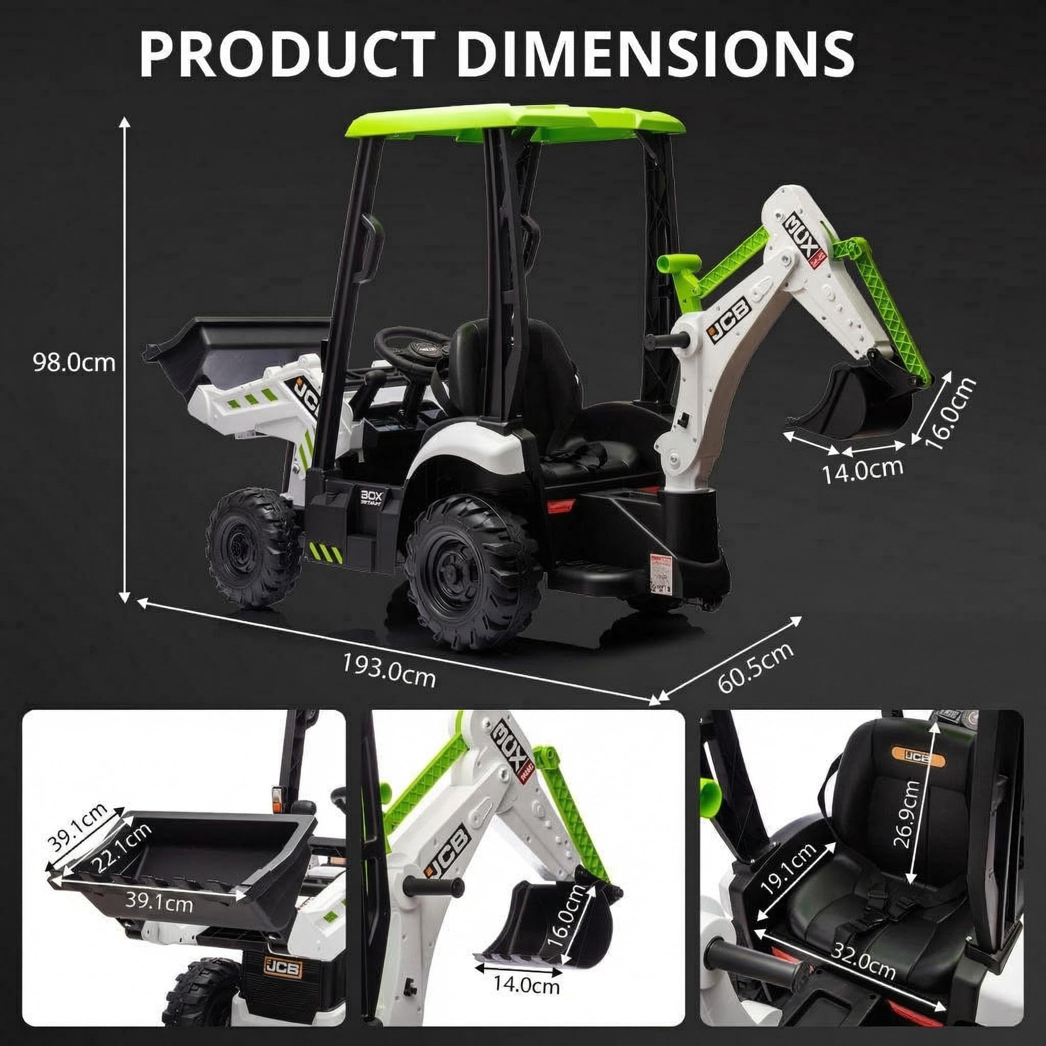 GarveeTech 4-in-1 Elektro-Kindertraktor mit Fernbedienung – 12V Baufahrzeug Spielzeug – Frontlader, Bagger, Hupe, robuste Eva-Räder – multifunktional – Farbe: Weiß und Grün