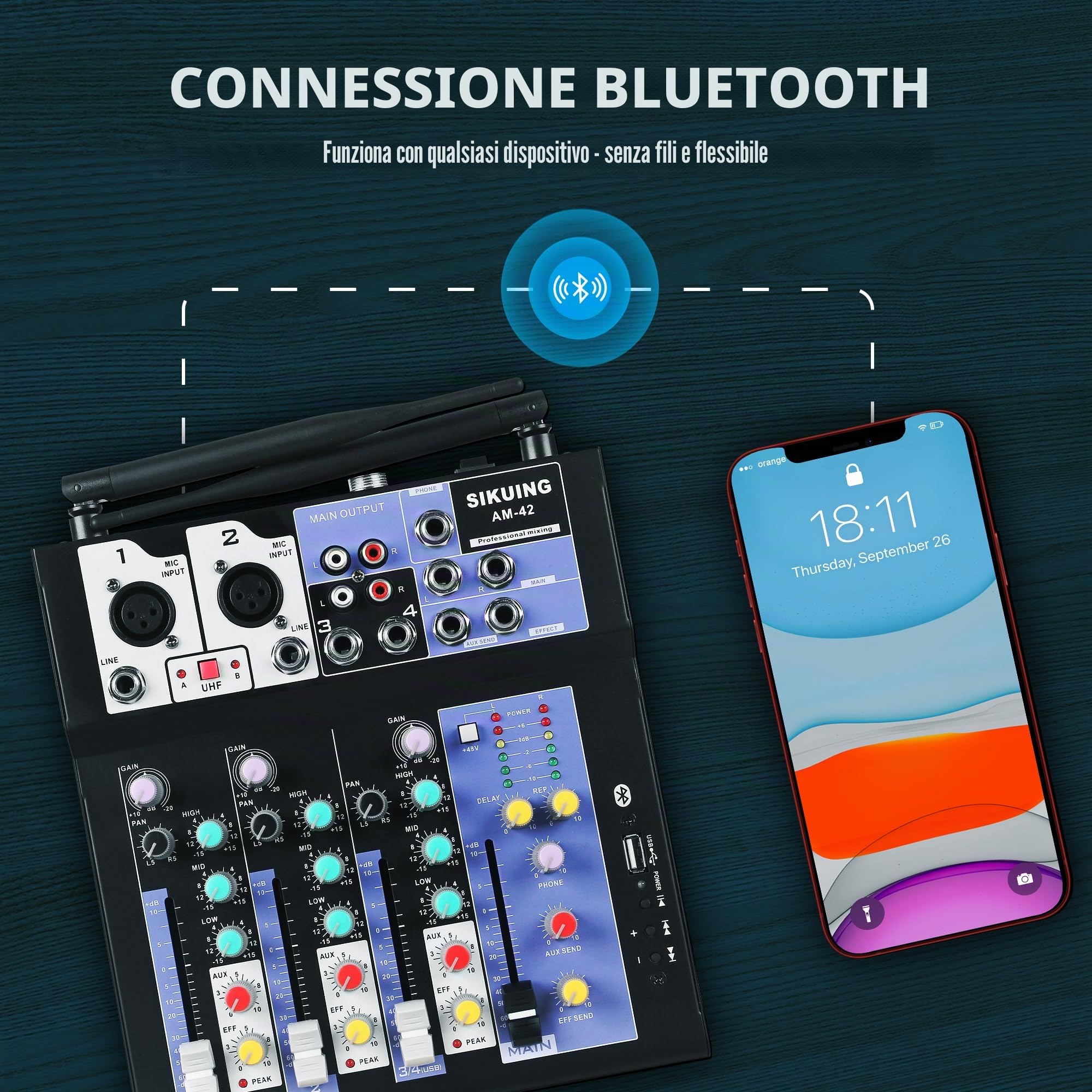 Mixer audio con 2 microfoni wireless, 4 canali, mixer DJ professionale con Bluetooth/USB, alimentazione phantom da 48 V, compatibile con computer, karaoke, feste, riunioni, registrazione in