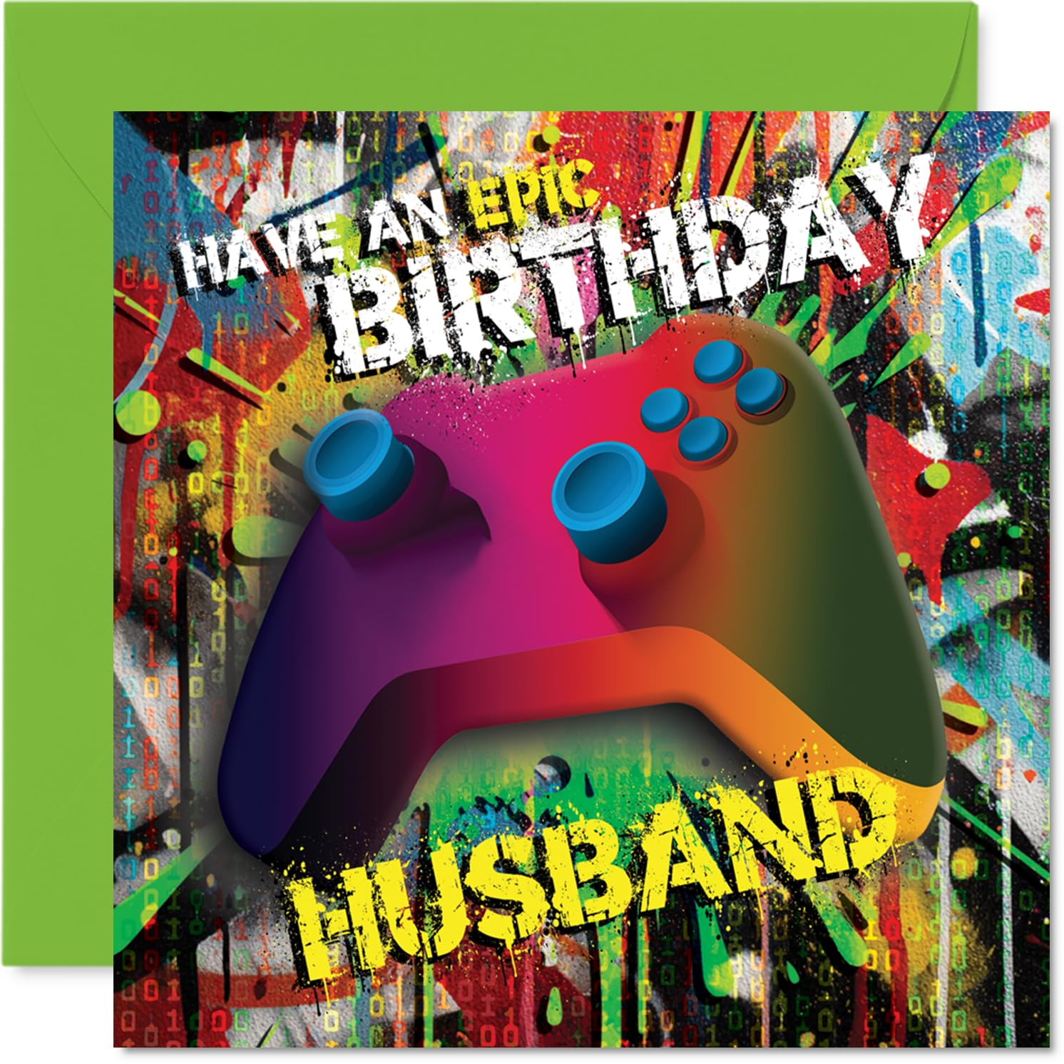 Playful Birthday Card for Husband - Level Up Your Birthday - Vibrant Gaming Controller Design for Husbands - Perfect for Video Game Fans - 145mm Square, Envelope Included