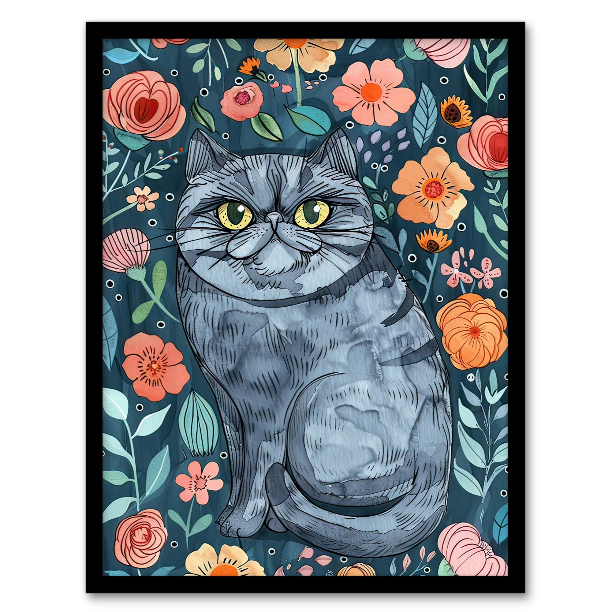 Artery8 Grumpy Blue Exotic Shorthair Cat Floral Portrait Wall Art PrintA4 Size from B&Q