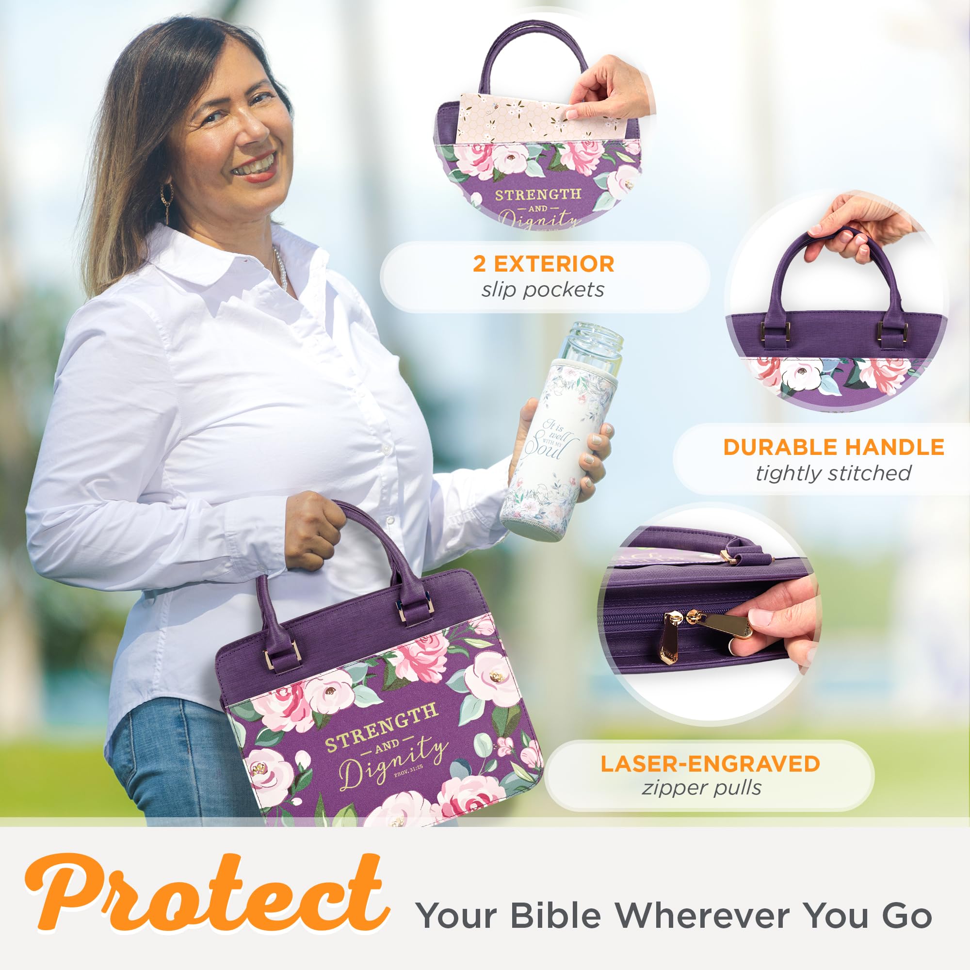 Christian Art Gifts Funda de piel vegana de moda para mujer, versículo bíblico de fuerza y dignidad, diseño floral morado, Floral púrpura, Large