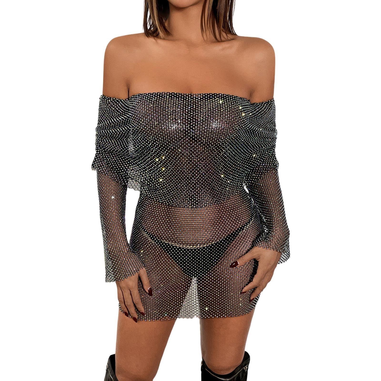 Generisch Abito da donna con spalle scoperte, trasparente, a rete da pesce, a maniche lunghe, con strass, per feste, per feste