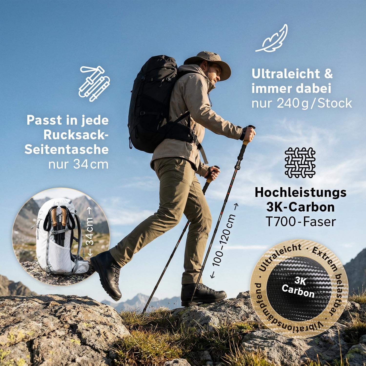 Bâtons de randonnée pliables en carbone et aluminium (seulement 240 g/295 g) avec poignée en liège | Bâtons de trekking ultra légers et réglables en continu pour la marche nordique, 115-135 cm/100-120 cm, pour homme et femme