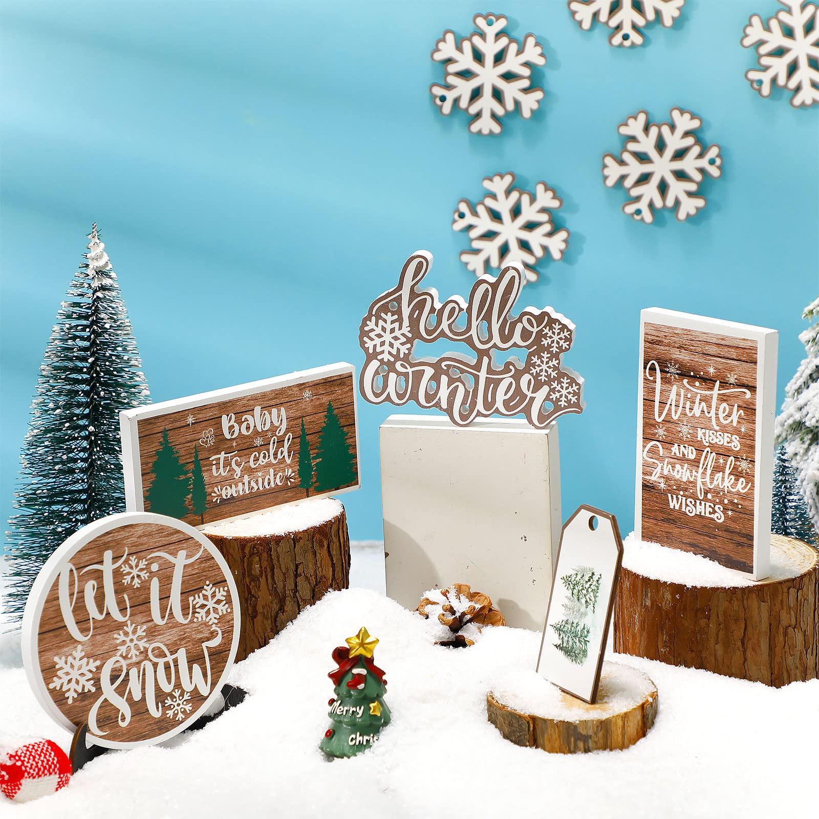 Bucherry 14 Pieces Winter Tiered Tray Decor Snowflake Tiered Tray Decorations Let It Snow Block Signs Hello Winter Wooden Banner Farmhouse Coffee Bar Sign for Home Party Tabletop(Rustic)