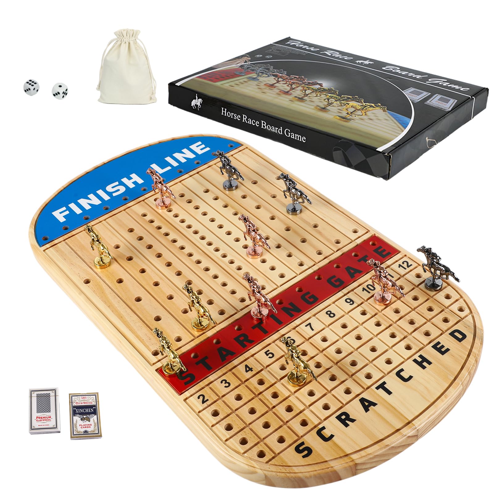 Large 21 Inches Horse Racing Board Game with 11 Luxury Metal Horses Thickened Wood Finish Line Horse Race Game Chessboard Including Dices and Cards (Log,Oval)