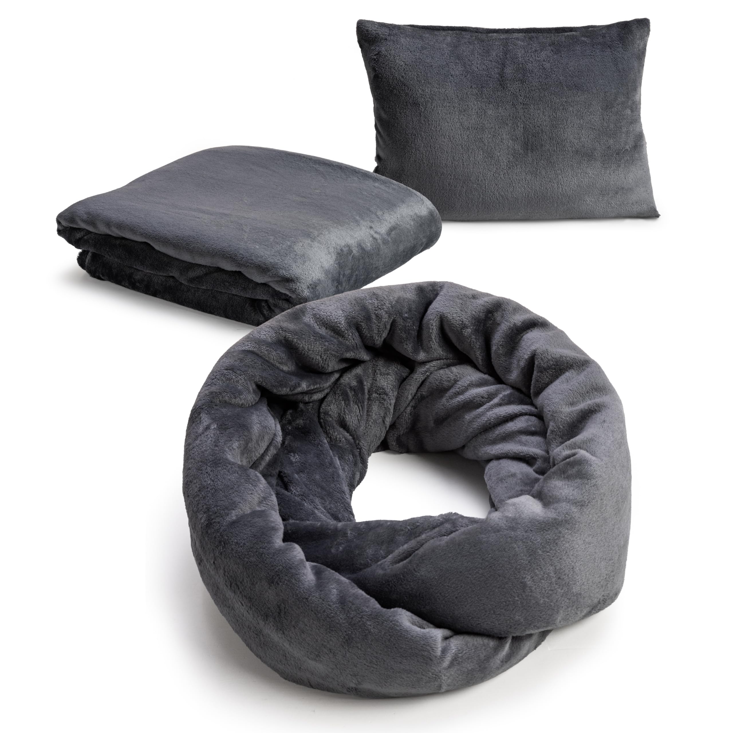 NAPRO 3‑in‑1 Travel Blanket Pillow Scarf – Convertible 50×80″ Blanket, 12×16″ Pillow, 80″ Infinity Neck Pillow – Lightweight, Plush – Gray