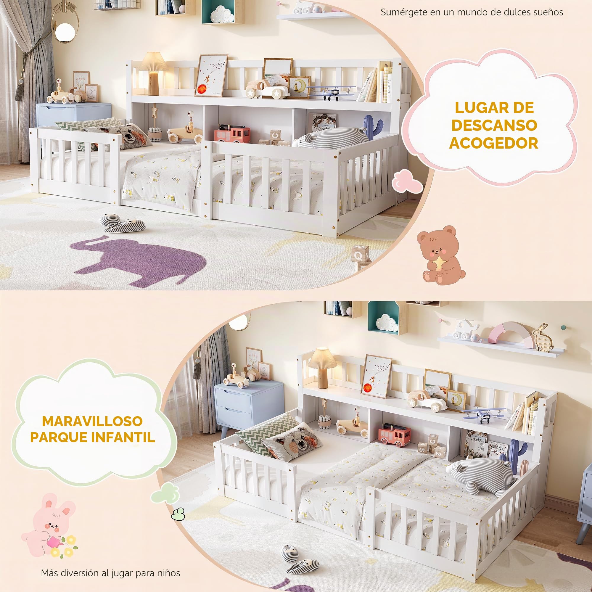 Cama infantil de 90 x 200 cm con escritorio, cama Montessori con protección anticaída y somier, estantería, cama de suelo, cama de madera maciza, marco de cama, color blanco (sin colchón)