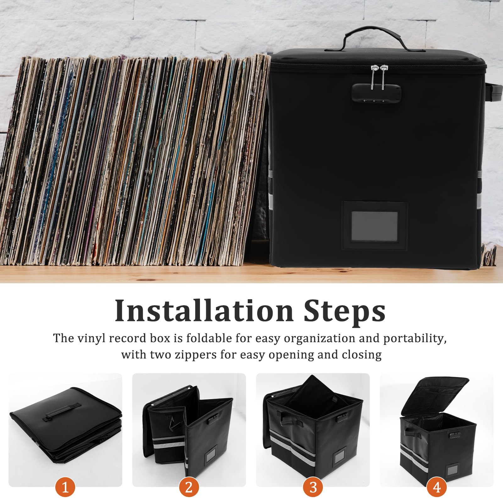 Schallplatten Aufbewahrungsbox mit Schloss Feuerfest Wasserdicht Plattenkoffer Vinyl Faltbar zur 100+ 30,5 cm Schallplatten mit Griff für Aufbewahrung Wertvoller Alben