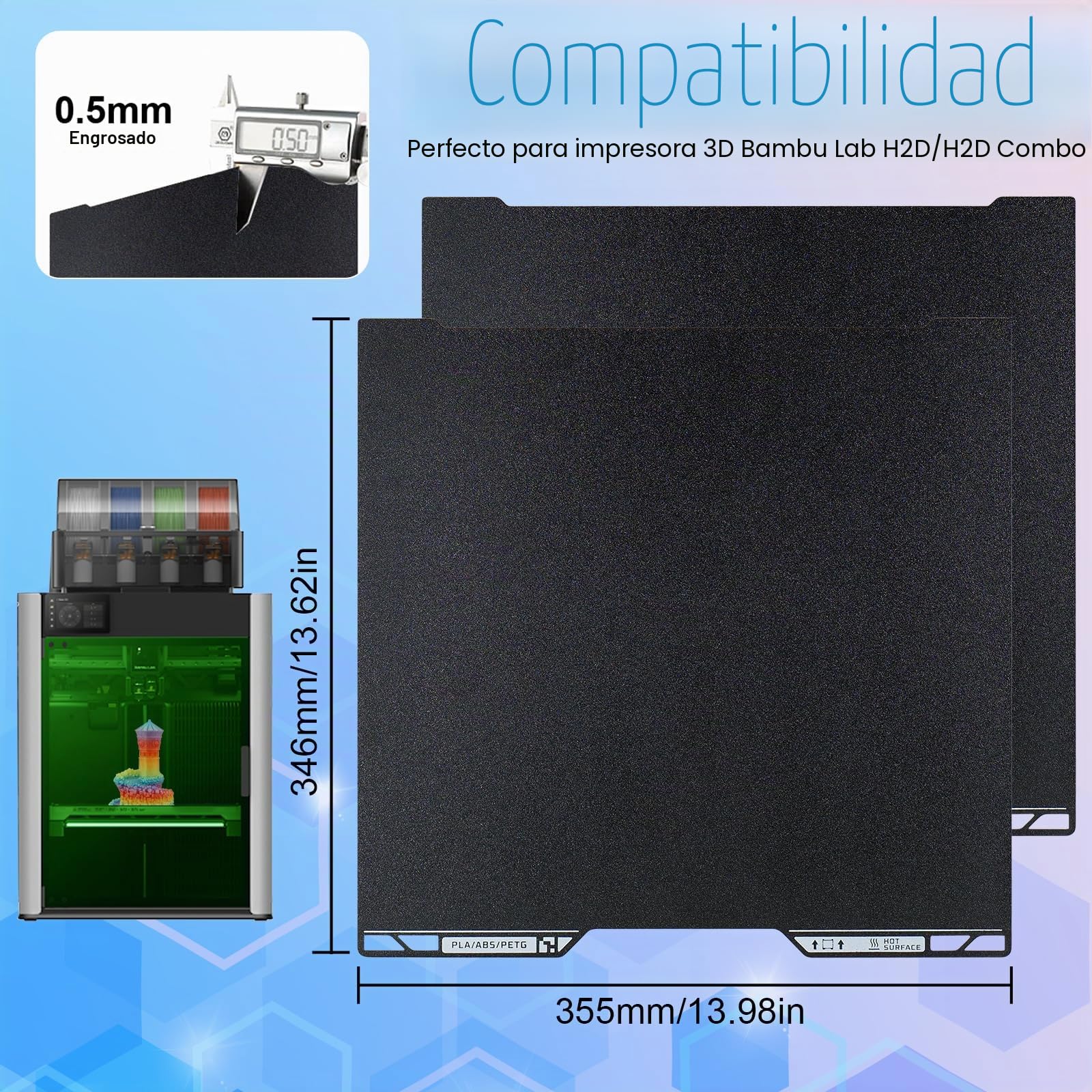 Placa de impresión PEI H2D H2S texturizada 346 x 355 mm, doble cara PEI Spring Steel cama de impresión PEI Build Plate para Bambulab H2D H2S Combo impresora 3D Plataformas
