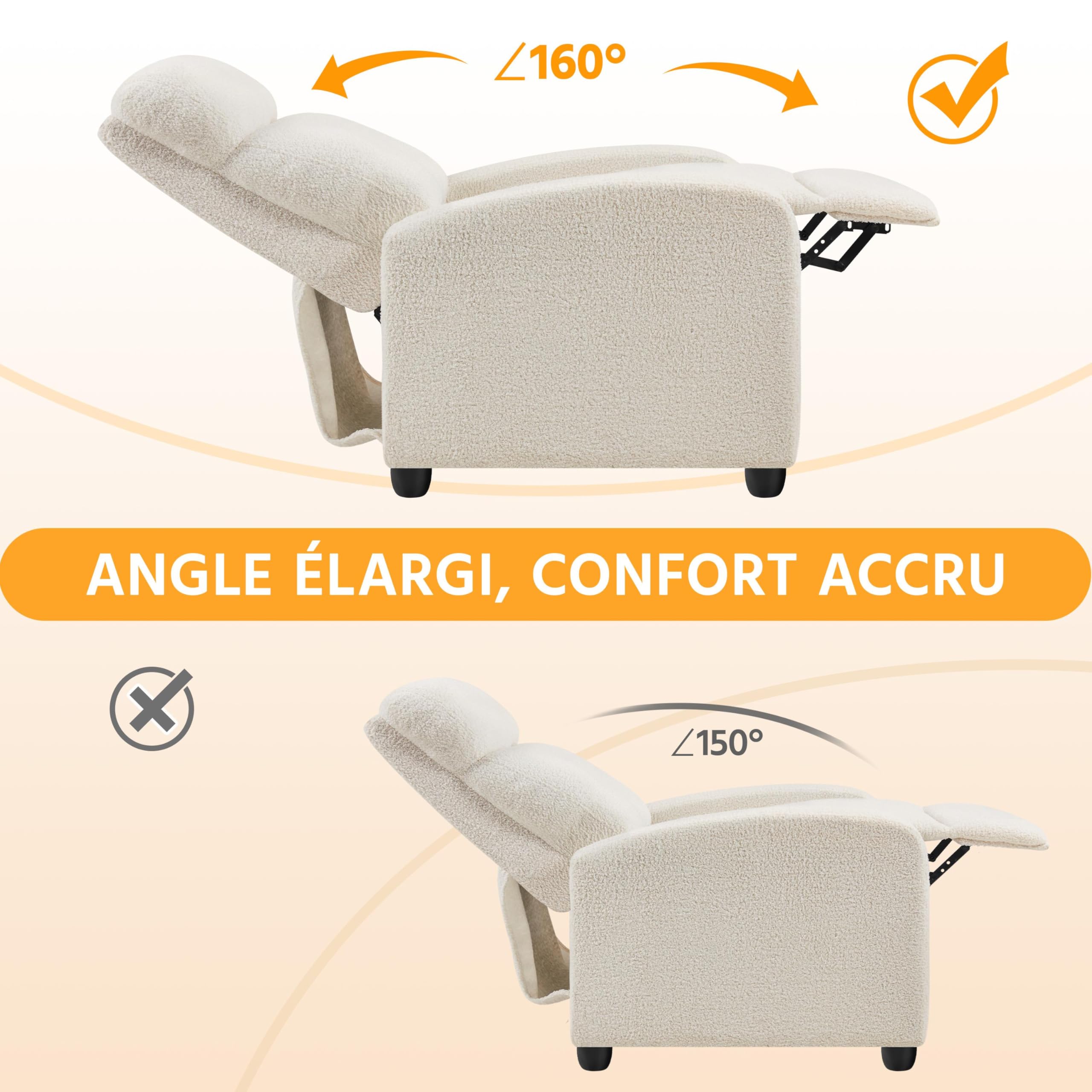 Yaheetech Fauteuil de Relaxation Petit Canapé Inclinable en Tissu Bouclette Doux en 3 Positions 1 Place avec Repose Pied/Chambre à Coucher/Home Cinéma/Salon Ivoire