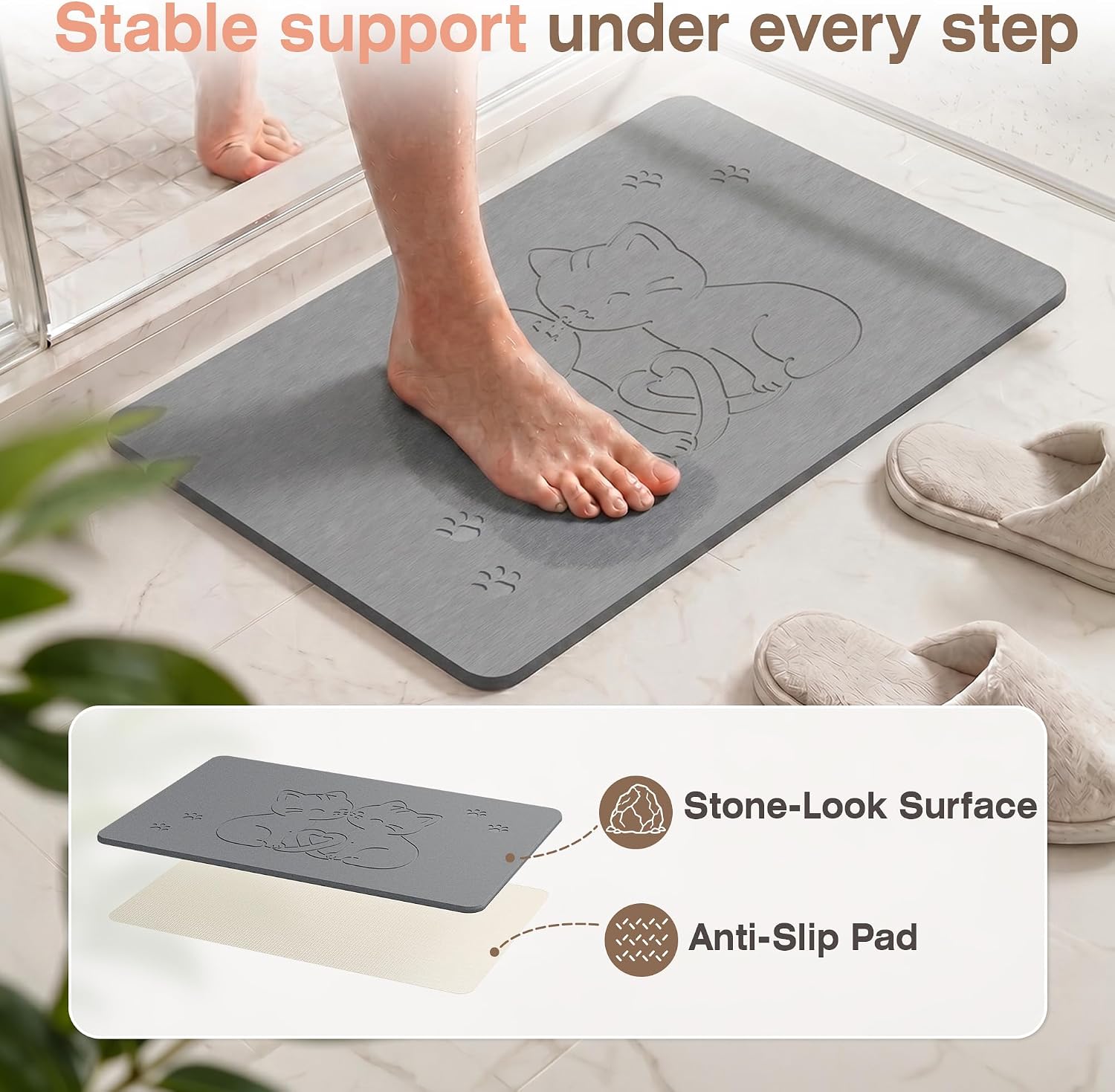 AWW Stone Bath Mat, Diatomaceous Earth, Cat Pattern | Quick-dry diatomaceous earth, One-piece stone mat, Non-slip underpad, Easy clean, animal pattern.