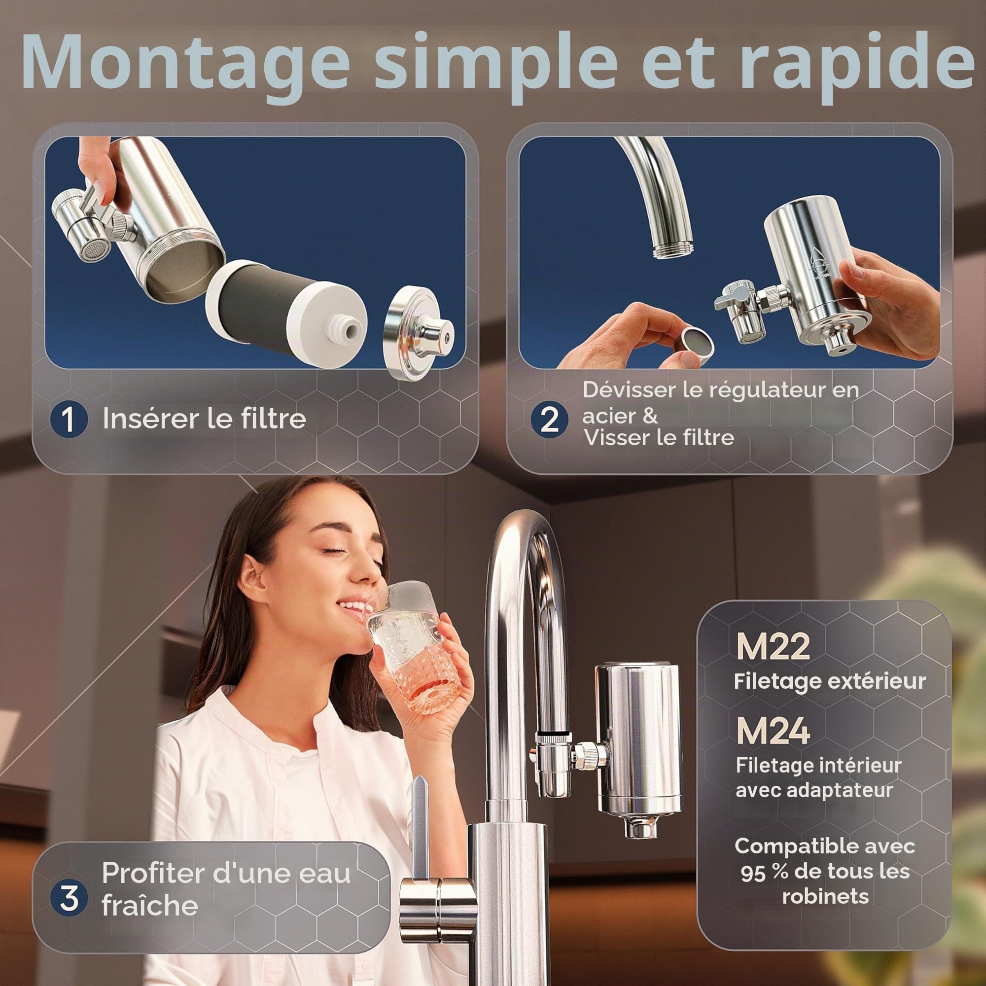 VILTARO® Robinet filtrant à eau - Filtre à charbon actif - Sans BPA, acier inoxydable, montage facile, élimine les polluants