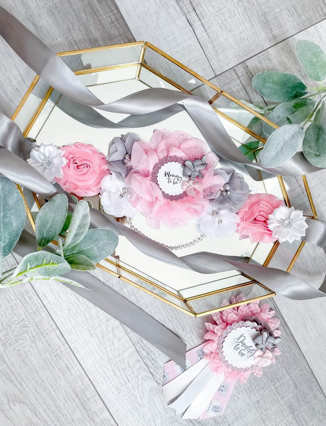 Pink Elephant Mommy To Be Sash & Daddy To Be Pin – Baby Shower Decorations, Maternity Corsage Set, Gender Reveal Party Keepsake