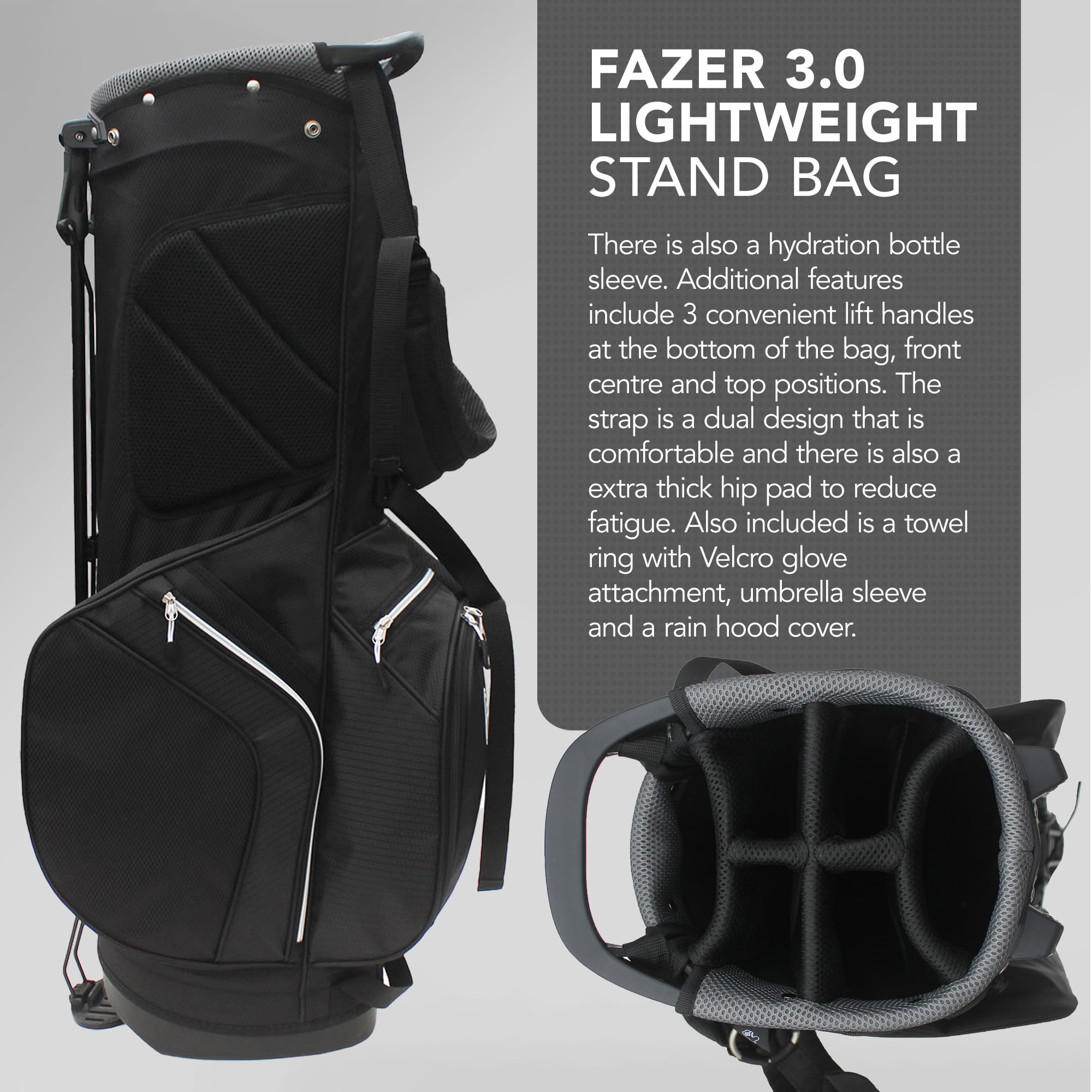 FAZER Bolsa de golf ligera 3.0 con un divisor de palos de 6 vías, separadores de palos de longitud completa y 6 bolsillos con cremallera, bolsa de nailon duradera para un transporte y almacenamiento