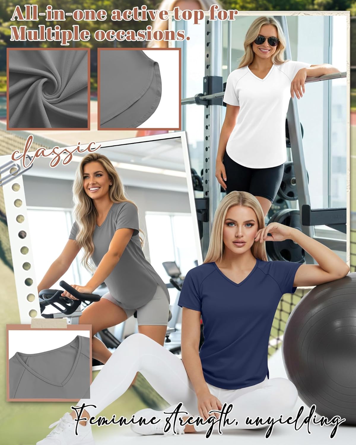 5 Pack Women Workout T-Shirts Quick Dry UPF 50+ Sun Protection Yoga Gym V Neck Raglan Tops Side Slits Curved Hem