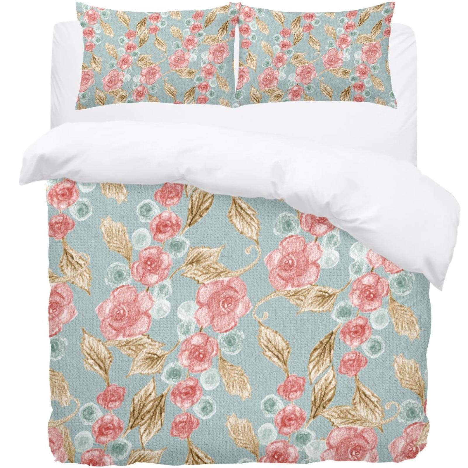 Housse de couette motif floral pour lit double grand format reine et roi avec taies