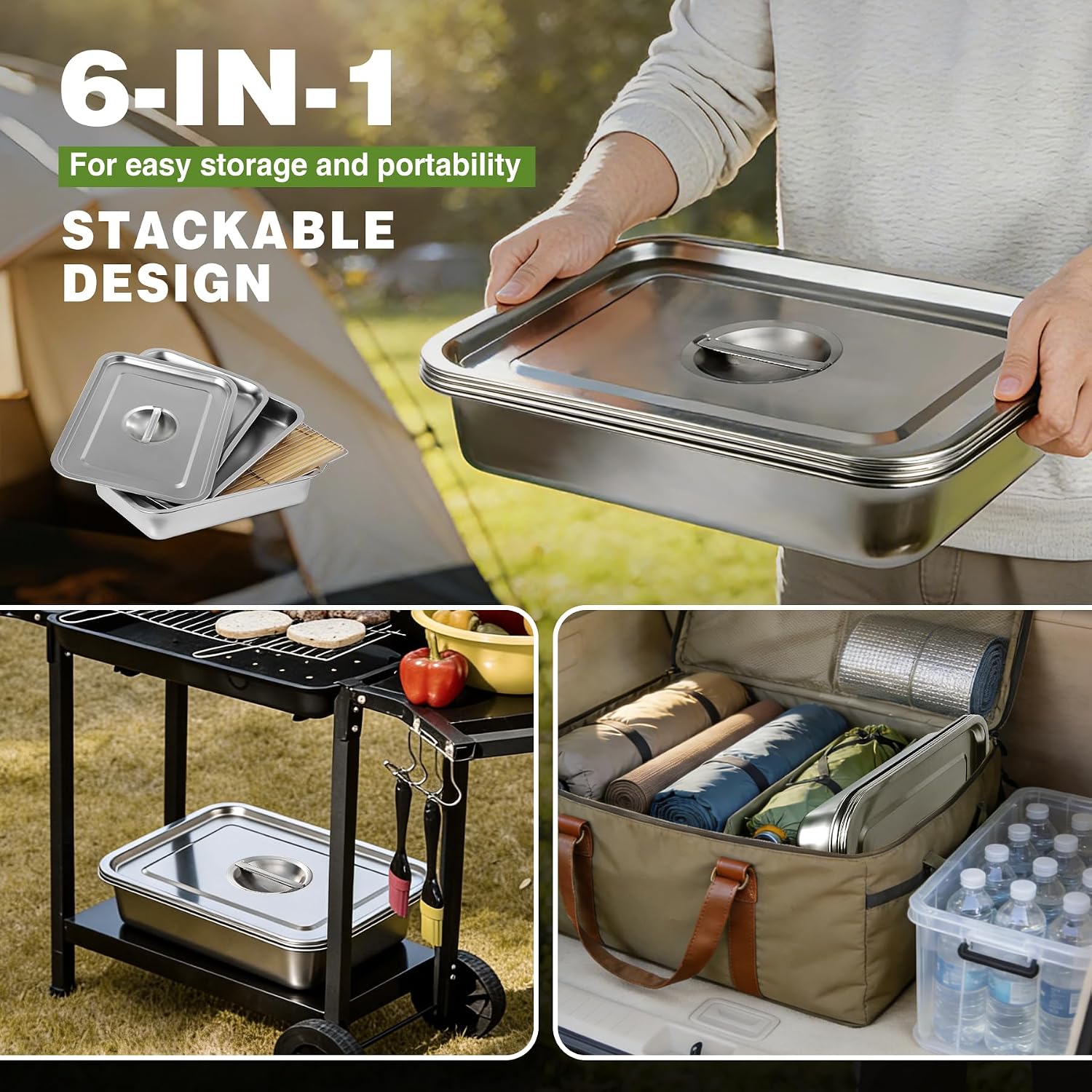 6-in-1 Grill Prep and Serve Trays, Stainless Steel Marinade Container with Lid, Grill Carry System Cutting Board for Outdoor Cooking BBQ Grill Accessories, Grilling Gift for Grill Lovers image 2