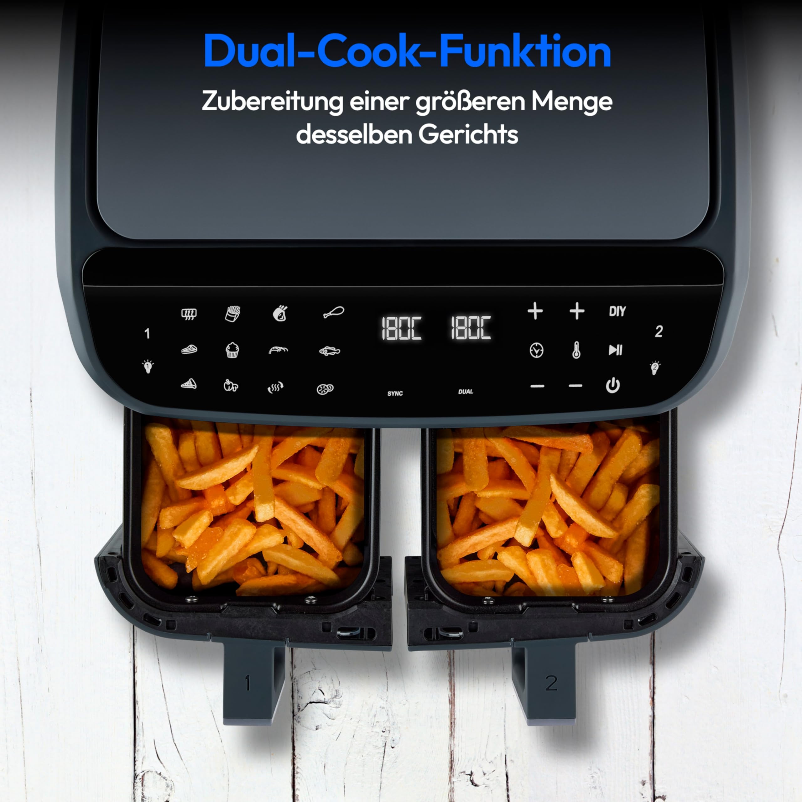 MEDION P20 XXL Heißluftfritteuse mit 2 Kammern (8,7 Liter, Airfryer, 2.600 Watt, Doppelkammer, 10 Automatikprogramme, 2 Schubladen, Sichtfenster, Dualer Airfryer, ILAG PFAS-frei, MD11760) matt grau